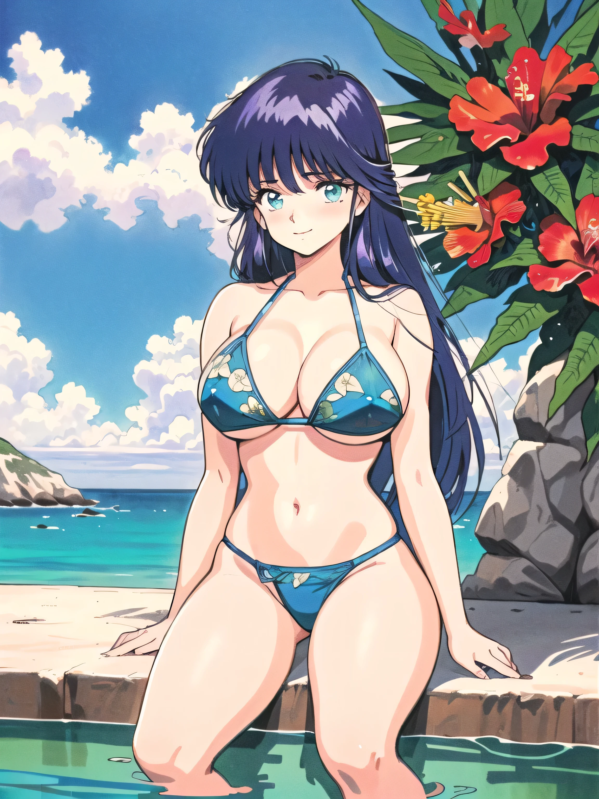 (masterpiece, high quality、Vivid colors:1.0、Anime Style、Retro art style、Clean brush strokes、Very detailed、Perfect Anatomy、Browsing Caution)、1 girl、 alone、((ayukawa madoka)), (Beautiful, detailed eyes)、blue eyes、(Blue Hair、Long Hair、Parted bangs、Hair blowing in the wind)、smile、Cowboy Shot、(Huge breasts:1.7、(Blue Bikini、Hibiscus pattern))、Narrow waist: 1.0、Wide Hips 1.4、(Blue Bikini Pants、 Hibiscus pattern)、(Wrap around the waist、A purple pareo)、(sitting on the beach)、Looking at the audience、(null、 coastal、 Ocean Background)、Shot from below、