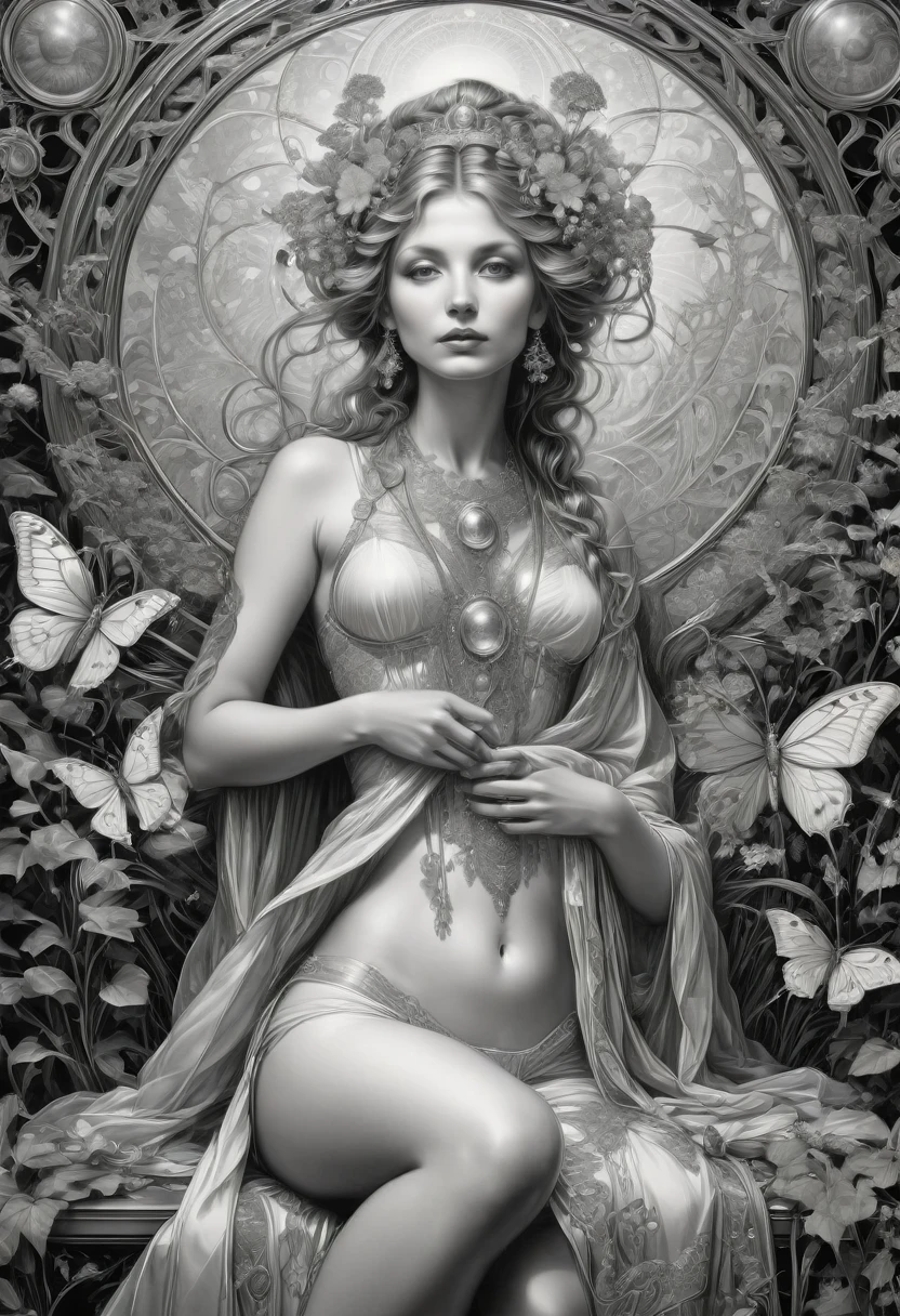 B&W, by Laurie Lipton and Alphonse Mucha, best quality, masterpiece, very aesthetic, perfect composition, intricate details, ultra-detailed