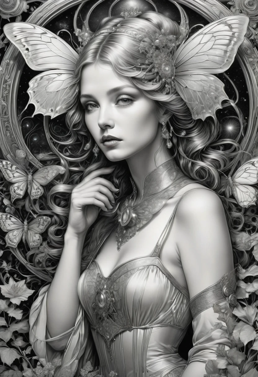 B&W, by Laurie Lipton and Alphonse Mucha, best quality, masterpiece, very aesthetic, perfect composition, intricate details, ultra-detailed