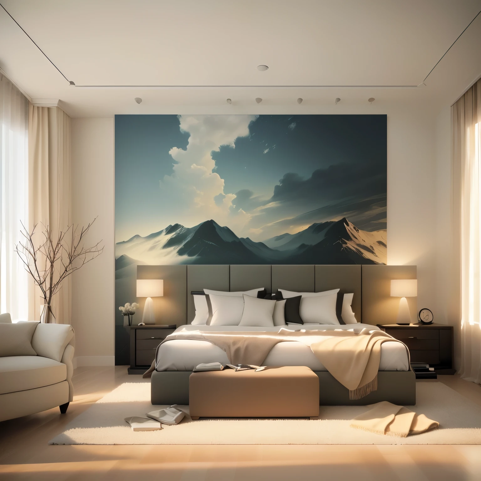 a view of a bedroom with a bed, chair, and a painting, bed room, serene bedroom setting, precise architectural rendering, serene and peaceful style, high-quality render, high quality rendering, excellent 3d render, simple clean lines, high quality 3 d render, high quality 3d render, bedroom interior, cream - colored room, elegant and refined