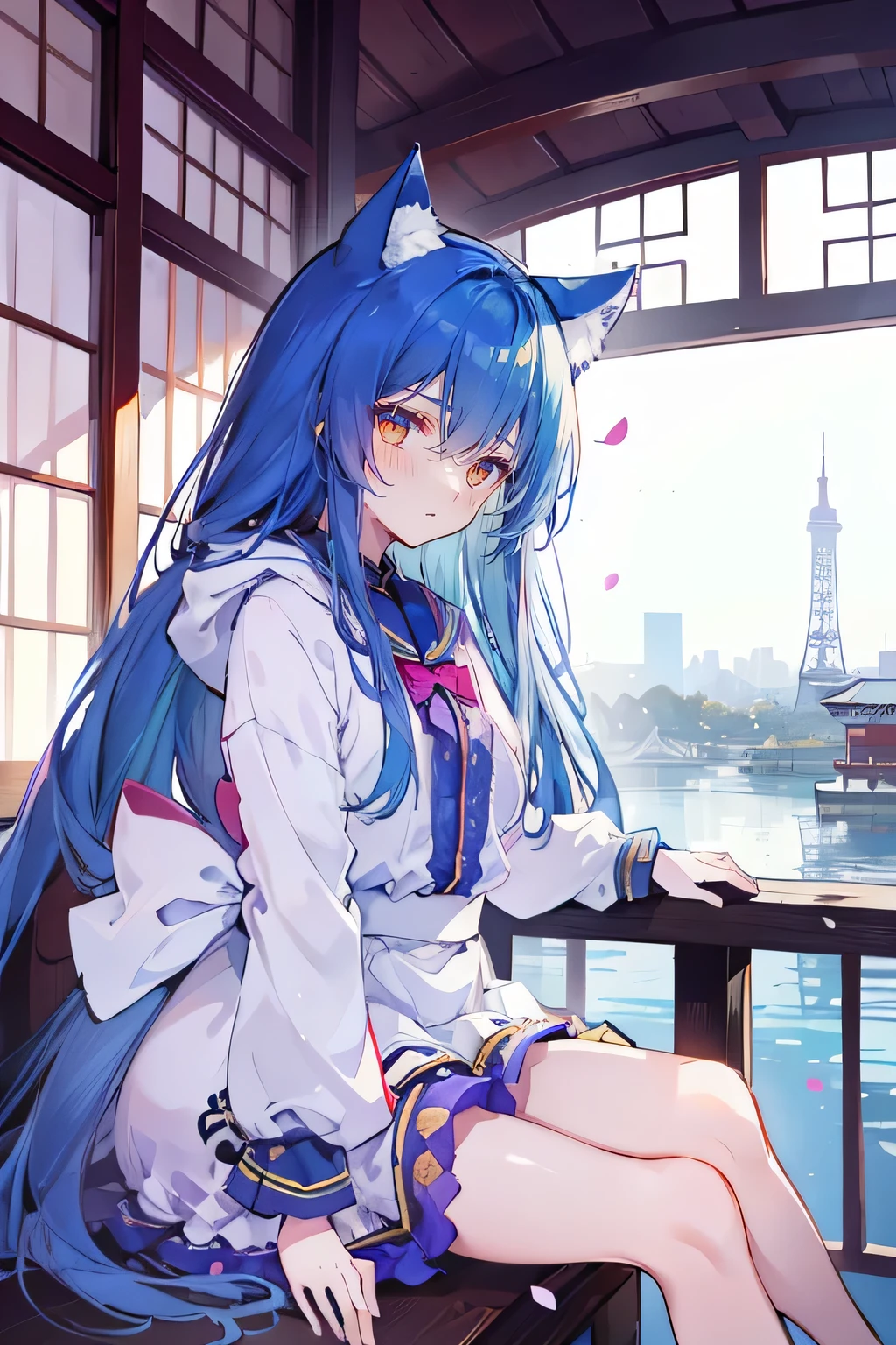 (masterpiece:1.2),Super detailed,lifelike,Expressive eyes,fair skin,perfect face shape,1 girl,
Japanese comics,Gorgeous blue hair,flowing blue hair,flowing clothes,Cat ears,Petals fall,beautiful lola,Baby Angel,
Cross your legs,Gentle and peaceful background,The pavilion is cool and comfortable, wearing hoodie, background of tokyo,back views,snowing, winter.