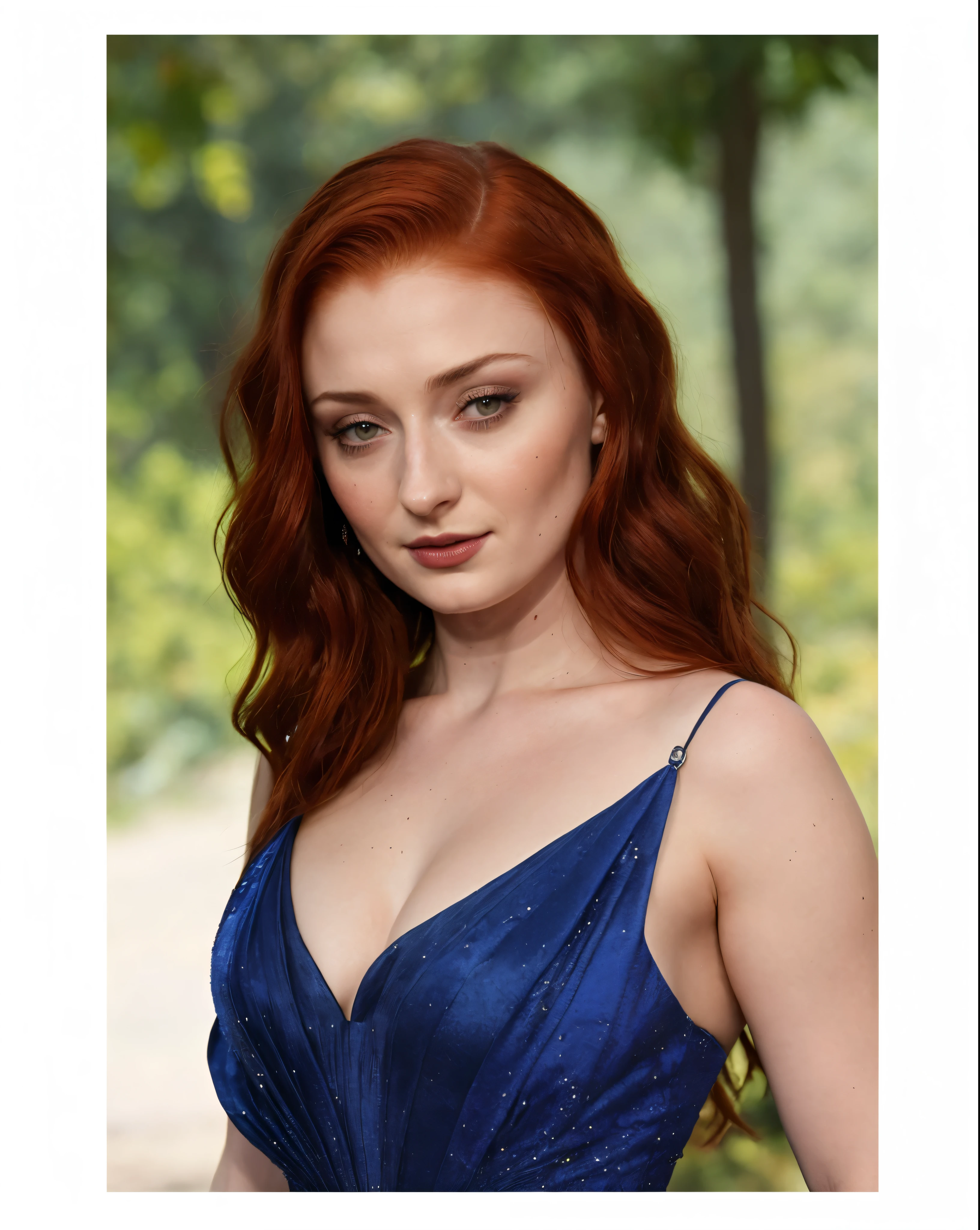 Face of Sophie Turner, Sansa Stark played by Sophie Turner, the de facto Lady of the Eyrie, is a 40-year-old mature queen with a stunning, alluring appearance. Full Face, pierced eyes, reddish lips, upper body shot, erotic Mediaeval costumes, game of thrones costumes, She wears a Game of Thrones-inspired costume and has a deep cleavage, a perfect thick body, and a perfect thick figure. The photograph captures her in a close-up, with her skin texture and facial features being ultra-realistic and realistic.
