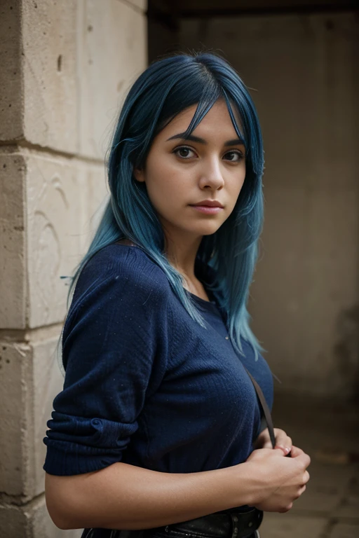 portrait photograph of a (Indifference) woman, blue hair, realistic photo