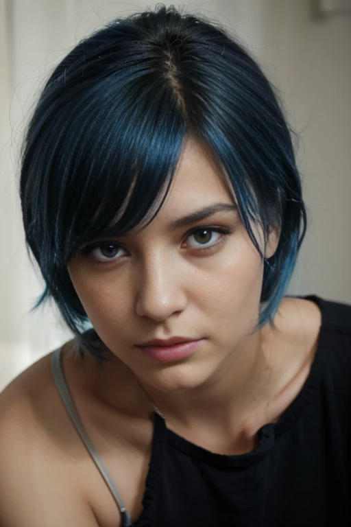 portrait photograph of a (Indifference) woman, blue hair, realistic photo