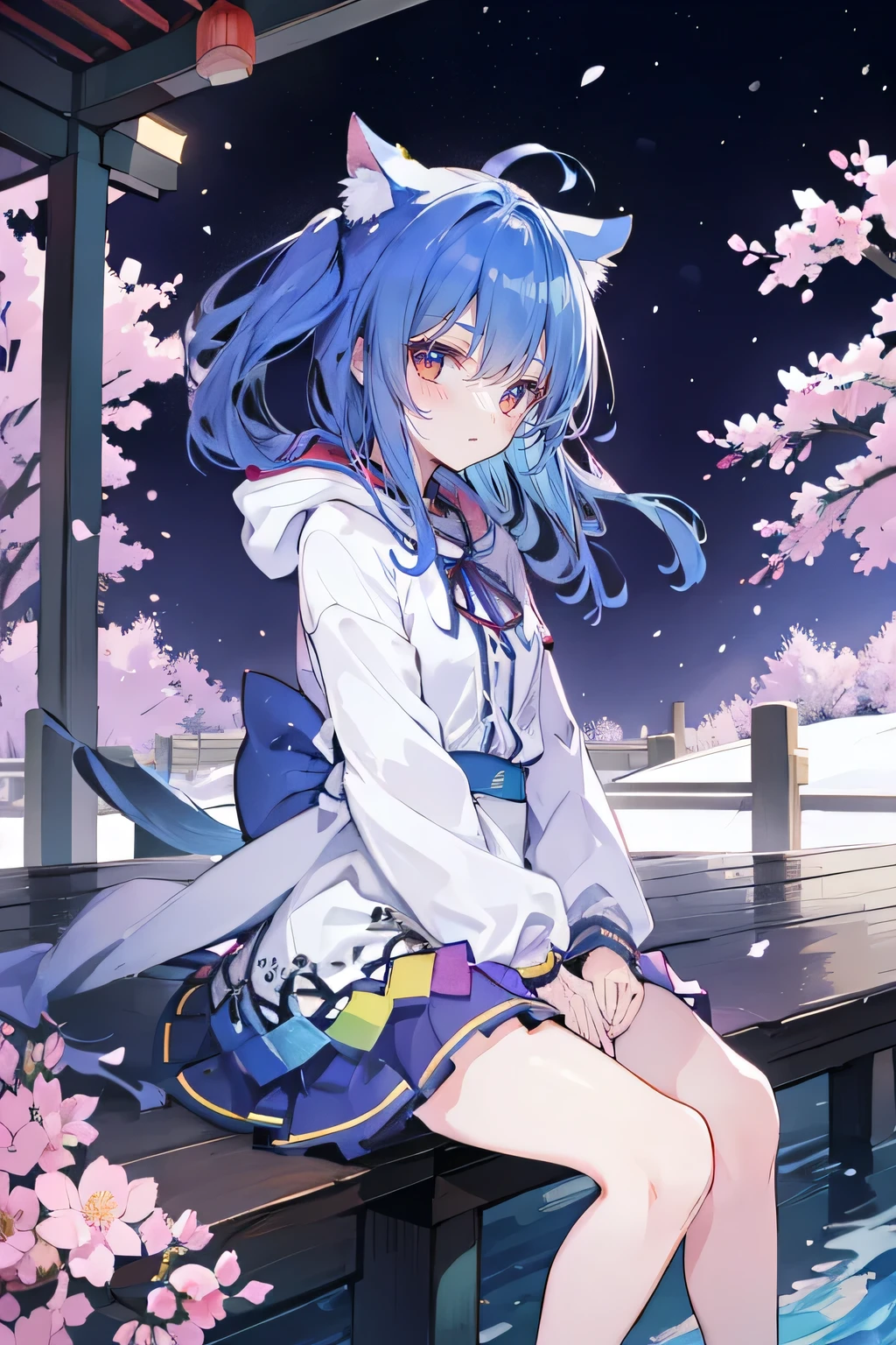 (masterpiece:1.2),Super detailed,lifelike,Expressive eyes,fair skin,perfect face shape,1 girl,
Japanese comics,Gorgeous blue hair,flowing blue hair,flowing clothes,Cat ears,Petals fall,beautiful lola,Baby Angel,
Cross your legs,Gentle and peaceful background,The pavilion is cool and comfortable, wearing hoodie, background of tokyo,back views,snowing, winter.