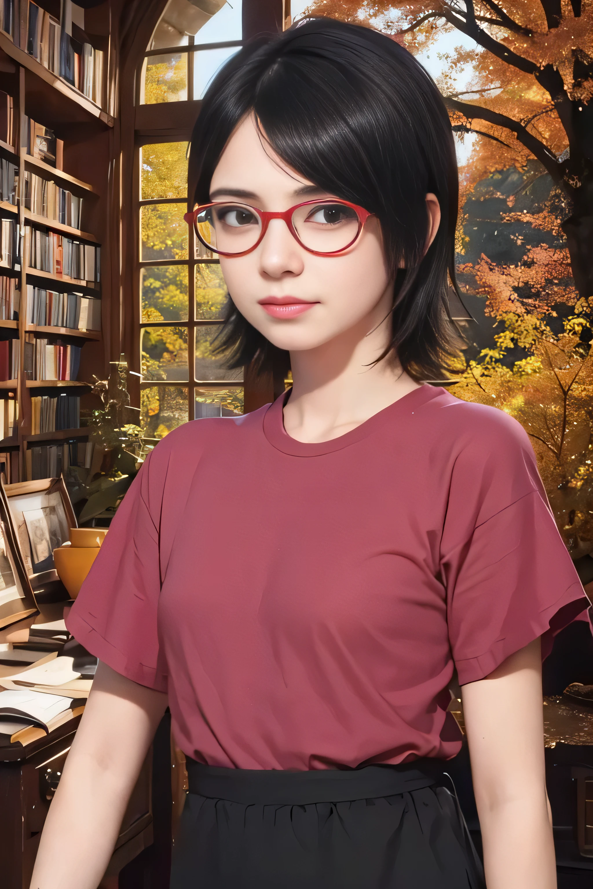 masterpiece, best quality, (realistic,photo-realistic:1.4), (RAW photo:1.2), extremely detailed CG unity 8k wallpaper, delicate and beautiful, amazing,finely detail, official art, absurdres, incredibly absurdres, huge filesize, ultra-detailed,extremely detailed eyes and face,light on face,sarada,(little smile),(black hair:1.4),(short hair:1.6),(wearing t-shirt:1.5),window,(wearing red framed glasses:1.4),(small breast:1.3),library,book,nature,skirt