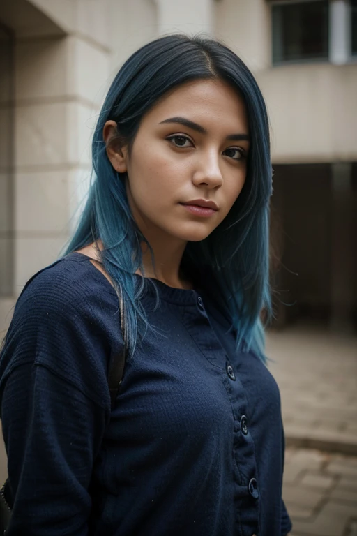portrait photograph of a (Indifference) woman, blue hair, realistic photo, front face