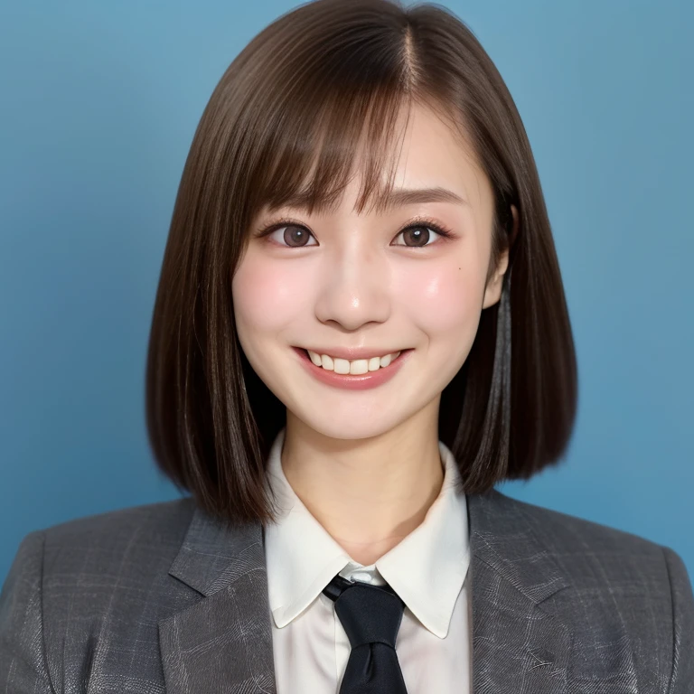 NSFW, (kawaii 24 year-old Japanese girl, Nogizaka idol, Korean idol), (glossy light brown hair, very short hair, bangs:1.3), (beautiful black eyes, rounded face, single eyelid, no makeup, splash laughing:1.3), (wearing suit jacket, collared shirt, necktie:1.3), (extra small breasts:0.9), BREAK, (simple blue background:1.3), (view from forward, bust shot,  id photo:1.3), BREAK, (masterpiece, best quality, photo realistic, official art:1.4), (UHD, 8K quality wallpaper, high resolution, raw photo, golden ratio:1.3), (shiny skin), professional lighting, physically based rendering, award winning, (highly detailed skin, extremely detailed face and eyes), Carl Zeiss 85 mm F/1.4, depth of field, (1girl, solo:1.3),