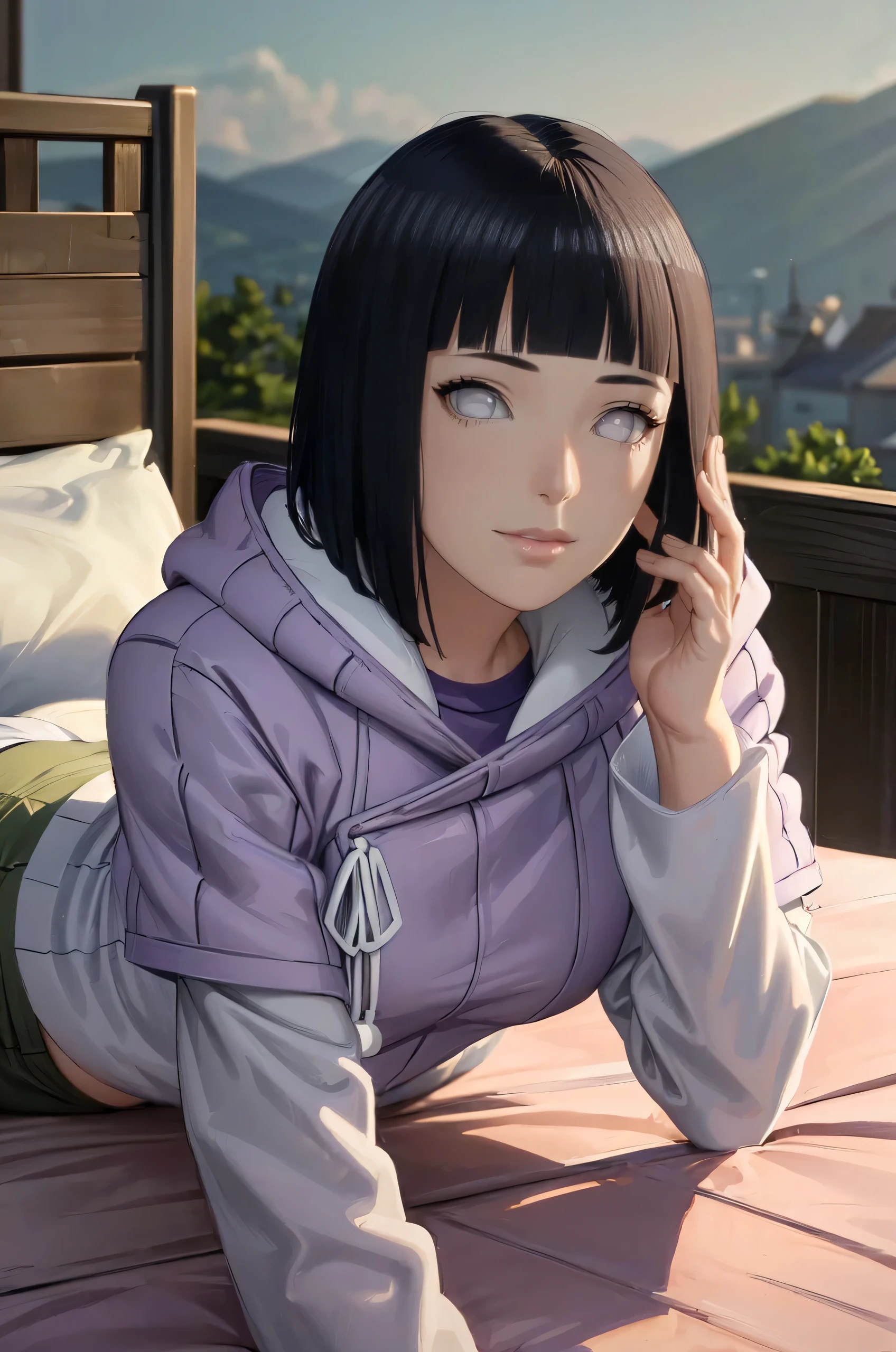 (best quality,4k,8k,highres,masterpiece:1.2),ultra-detailed,realistic,photorealistic:1.37,detailed eyes,beautiful detailed lips,pale.hinata hyuga wearing hoodie, layered sleeve, perfect figure, attractive rounded breasts, naughty smile, puffy lips, posing in sunshine, outdoor , purple layered hoodie, relaxed brown pants, attractive detailed eyes, fit waist, showing hip, ass show in bed, ass, taking selfie
