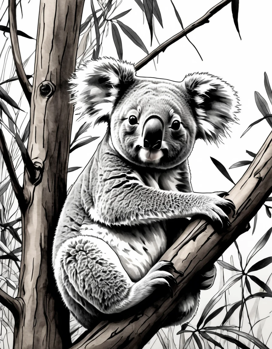 Ink style drawing, a koala in its natural environment, Clear style, Contemporary art, black and white ink style, thin ink lines