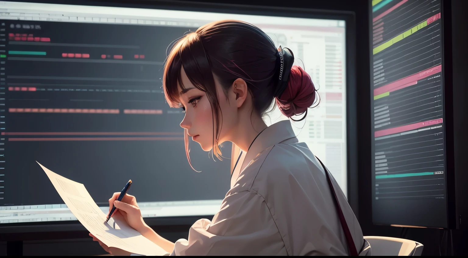 (Digital Painting), (Best Quality), Young woman taking a paper test in front of a large chart screen. long shot,She is writing something with a pen on a large piece of paper. Japanese man taking academic exam, man analyzing price fluctuations, trader, monitoring currency charts, foreign exchange, foreign exchange, Ukiyo-e art style, Hokusai's inspiration, popular deviation art, 8K ultra-realistic, pastel color scheme, soft lighting, vibrancy