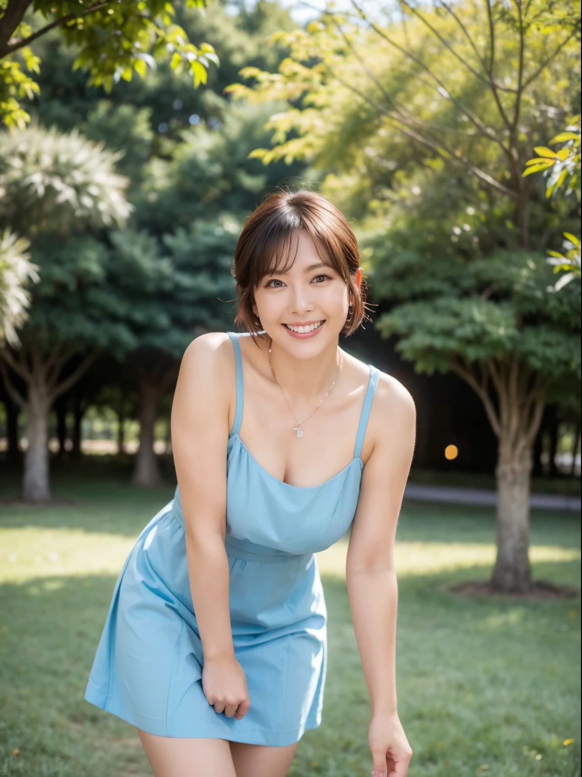 (RAW Photos:1.2), (Realistic:1.4),Beautiful detailed woman,非常にFine Eyesと顔, Fine Eyes, Very detailed,High resolution, Very detailed,highest quality,Consciousness upward,Unified,8k wallpaper,masterpiece,highest quality,1 female,alone,rich,Ezvian everywhere,(Standard body type),Thick legs,alone,（D cup breasts）、（Light blue mule strap dress,Knee-high boots）,jewelry, necklace ,short hair,A kind smile,A dignified atmosphere,black eye,Realistic,Hibiya Park , (Morning Park:1.1),(Stand upright：1.4）