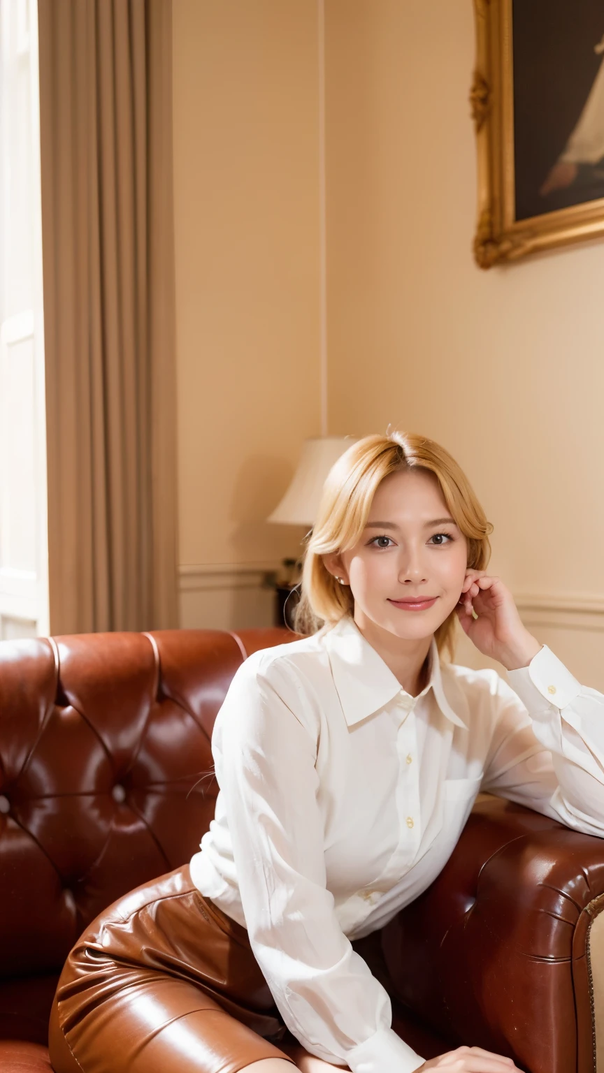 Portrait of a 48 year old blonde French woman, 1940, Period costume, Genuine Leather, Sit down and take a selfie just like you would with a smartphone, (Living room with period furniture, Calm, Soft Light: 1.2)