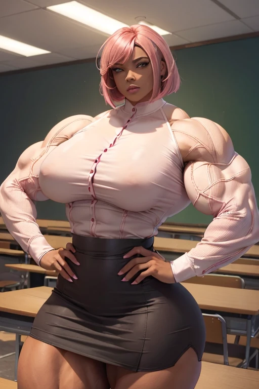 (((((Massive beautiful, buff, bulky, brown skinned muscular woman with shocking pink hair, ginormous bulky muscles, places hands on her hips and wearing a pink unbuttoned long sleeve blouse and a black pencil skirt with slit))))), (close view), (eyeglasses), vascular, massive muscles, massive biceps, hyper muscle shoulders, vascular shoulders, hyper muscle triceps, (angled bob cut), red eyes, (high heels), sensual smile, (in a classroom), Vascular arms, hyper vascular arm, hyper muscles arms, hyper muscle legs, massive buff arms
