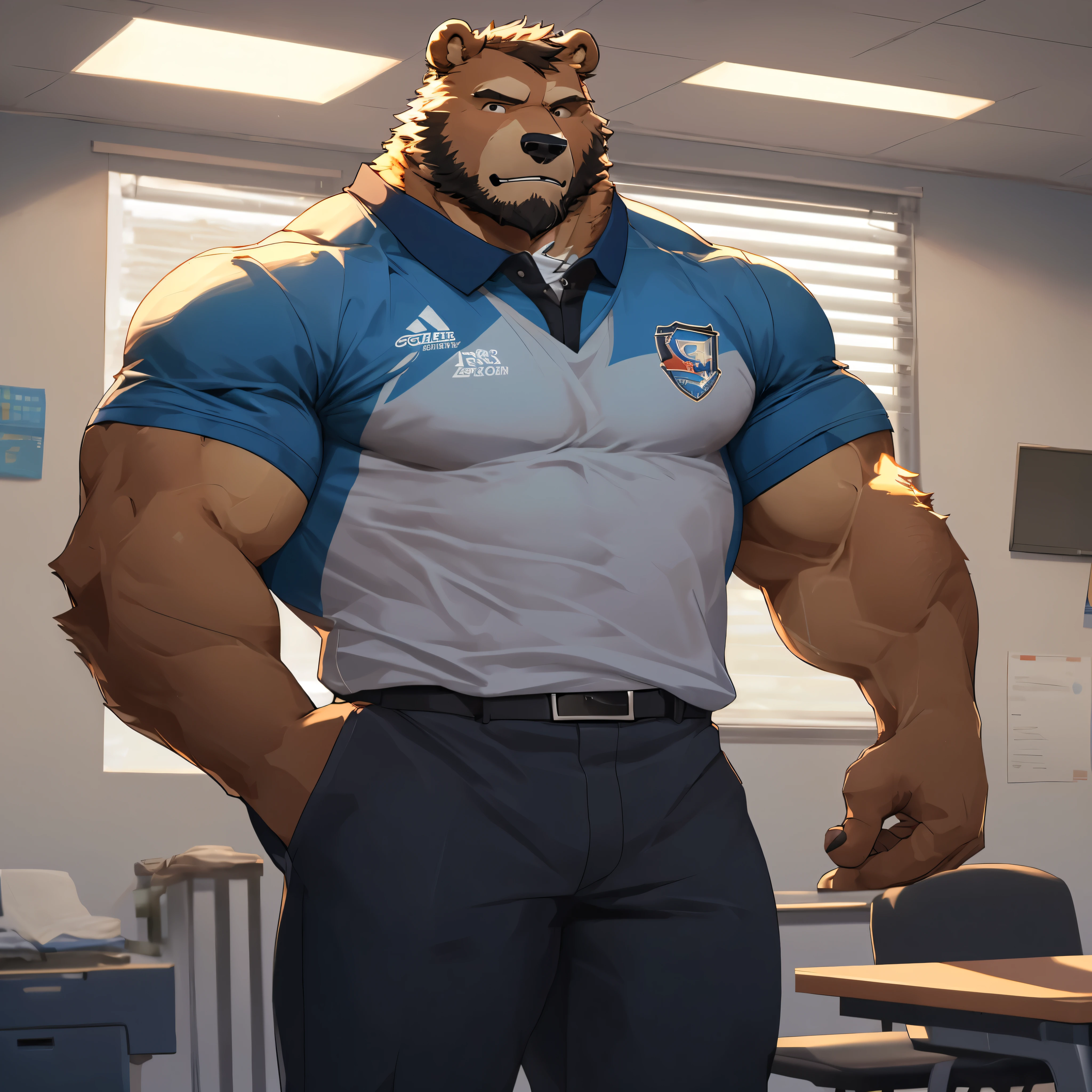 (best quality, highres, realistic), muscular, furry bear-like humanoid, kind and honest personality, professional sports teacher, wearing a blue sports teacher uniform, in the sports office, standing upright