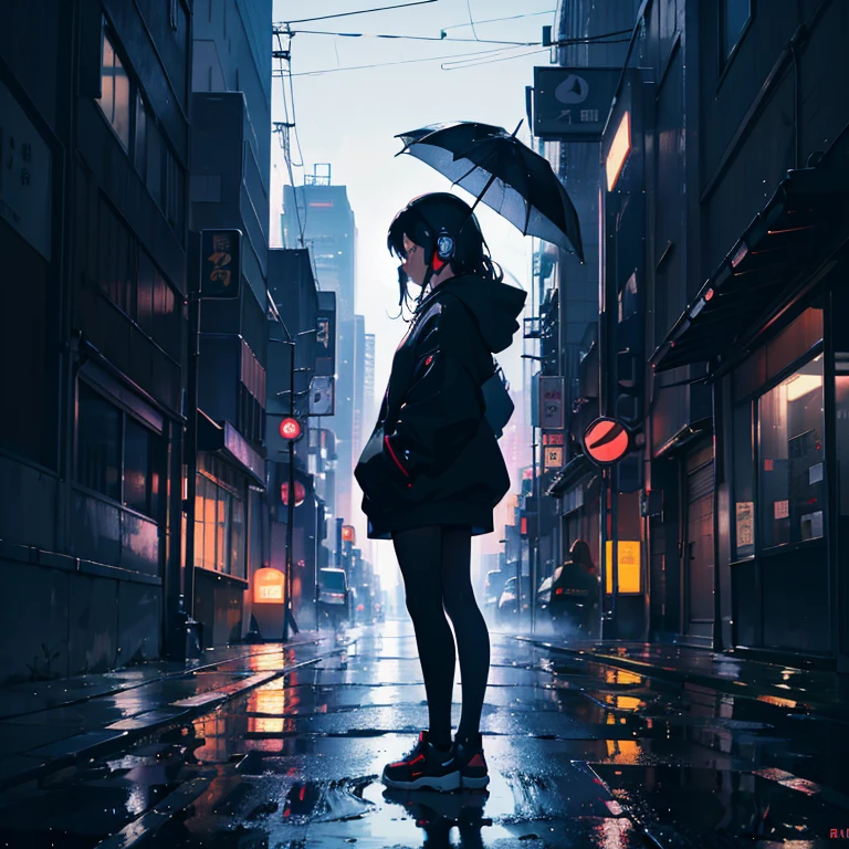 masterpiece, anime wallpaper 4k，Profile of a woman standing in the middle of Tokyo city, semi-long black hair, Black hooded pullover, Headphones, road, Outdoor, rain, neon, listening to music on headphones, LOFI Girl