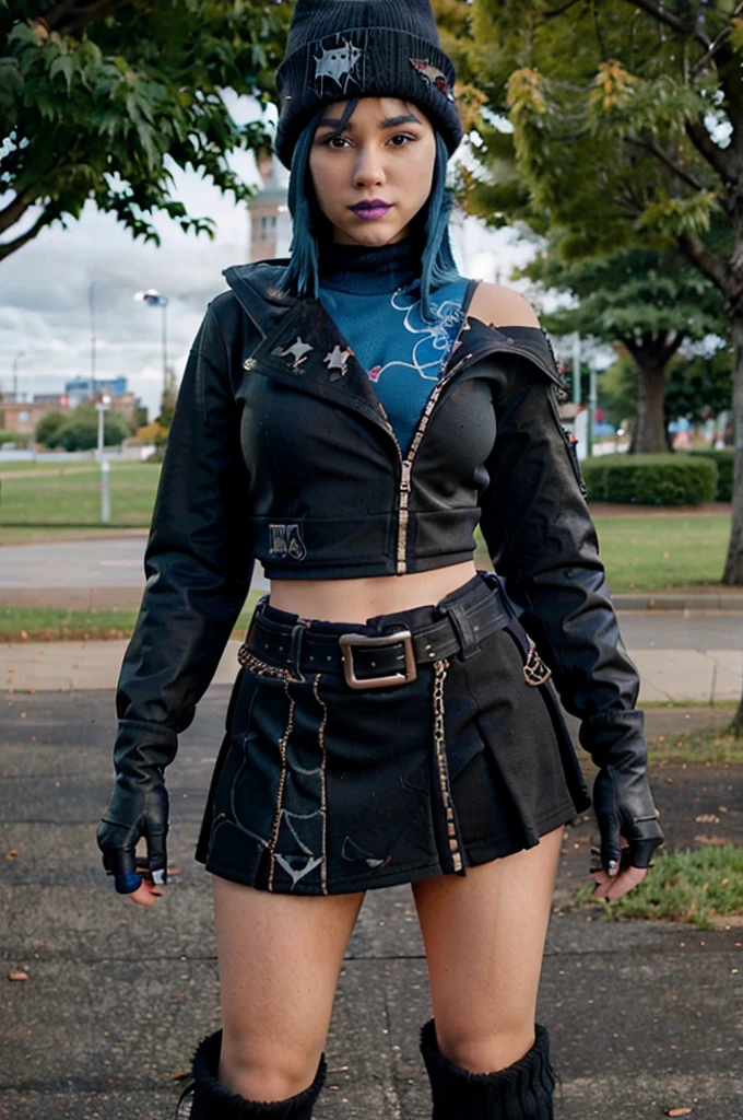 (full body:1.1) (hopefn), blue lips, beanie, navel, blue hair, jacket, skirt, belt, fingerless gloves, in park
