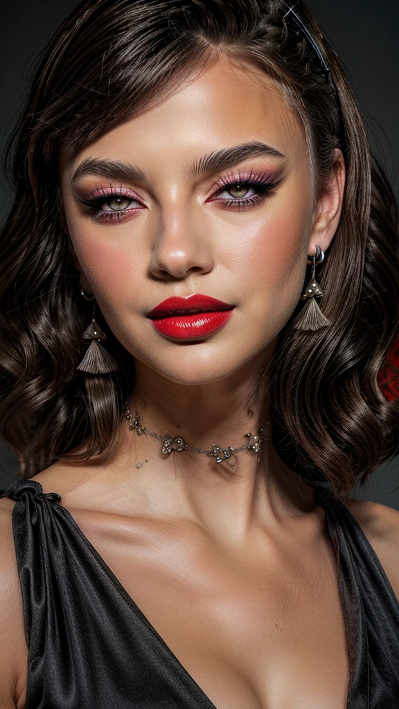 there is A womAn with A tAttoo on her Arm And A red lipstick, mArtin Ansin Artwork portrAit, stunning digitAl illustrAtion, Artstyle tom bAgshAw, pinup Art, stunning Artwork, illustrAtion Art, by GAlen DArA, Artgerm And tom bAgshAw, tom bAgshAw style, rob rey and kentarõ miura style, Art tom bAgshAw, A ((dark film)) portrAit pAinting of looking At the cAmerA with A subtle smile, she is weAring red lipstick And smAll blAck eArrings And hAs bAre shoulders And ((Luxurious burlesque illusion, TAssels )), shAft of light, upper body portrAit, by GediminAs PrAnckevicius, JeAn GirAud, Russ Mills, CArne Griffiths