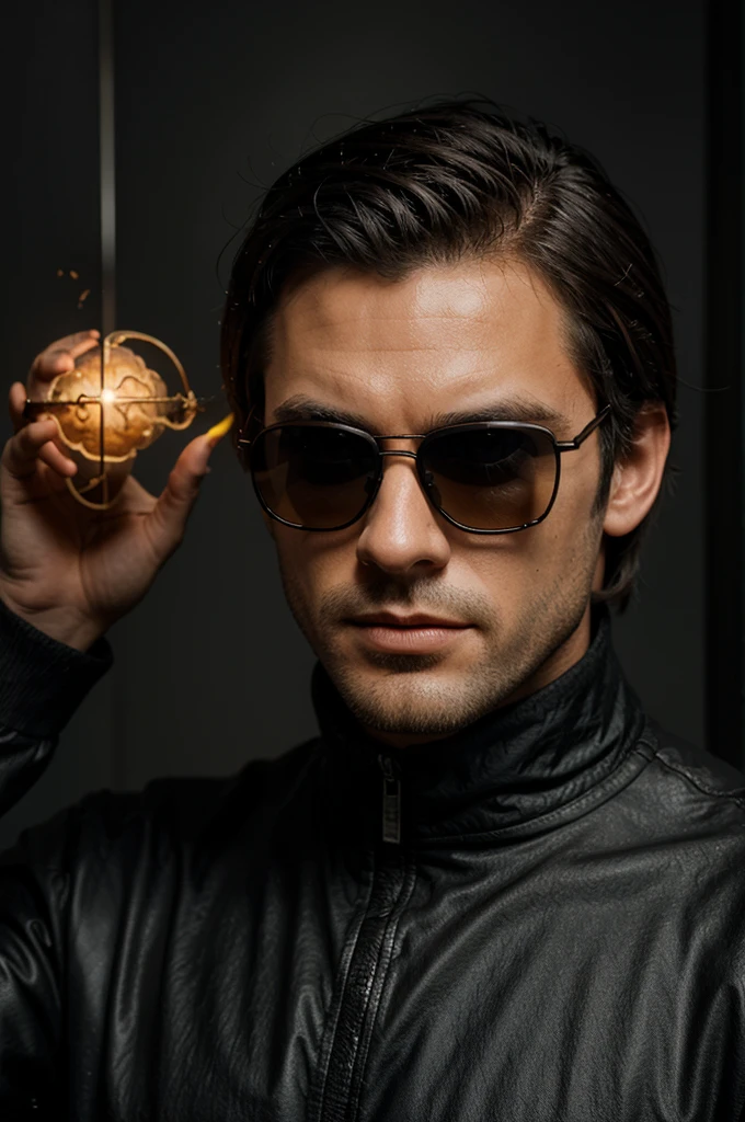 Create a man in sunglasses holding a super intelligent brain, all in a black and well-detailed setting 