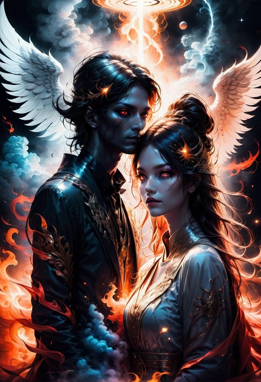 best quality, ultra-detailed, black and white, monochrome, contrasting shades, high contrast, grayscale, aesthetic, A full body photograph portrait of an angel and demon facing off; a cosmic divine angel on the left, a dark fiery devil on the right, mist intensity, gold and white cumulonimbus smoke intertwined with black and red cumulonimbus smoke, intense clouding, ink smoke, fantasy, Etheral, breathtaking intricate details, realistic and lifelike 3DHR perfect render, dramatic bright natural lighting, bokeh depth of field