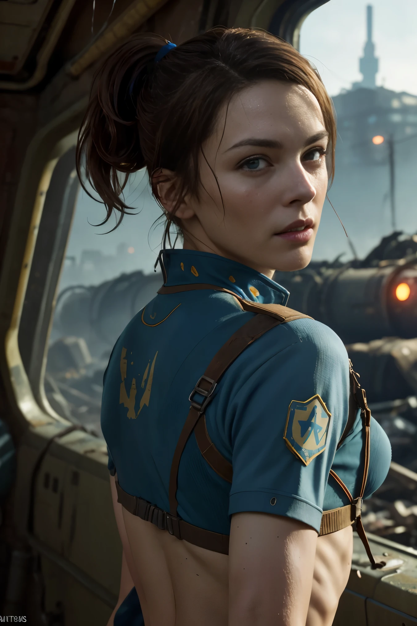 A cute and nerdy woman, (Milla Jovovich:Alison Brie:0.5), brunette hair tied in a ponytail, wearing an open high detail blue Fallout 4 vault suit, high detail face, high detail skin, seductive expression, perfect body, perfect proportions, an overgrown city long ruined by nuclear war in the background, high quality, masterpiece, realistic photo, intricately detailed, 8k, HDR, shallow depth of field, wide light, high contrast, backlight, sharp focus, RAW color photo, looking at the camera, cool colors, dynamic poses, in the style of Fallout 4, nude