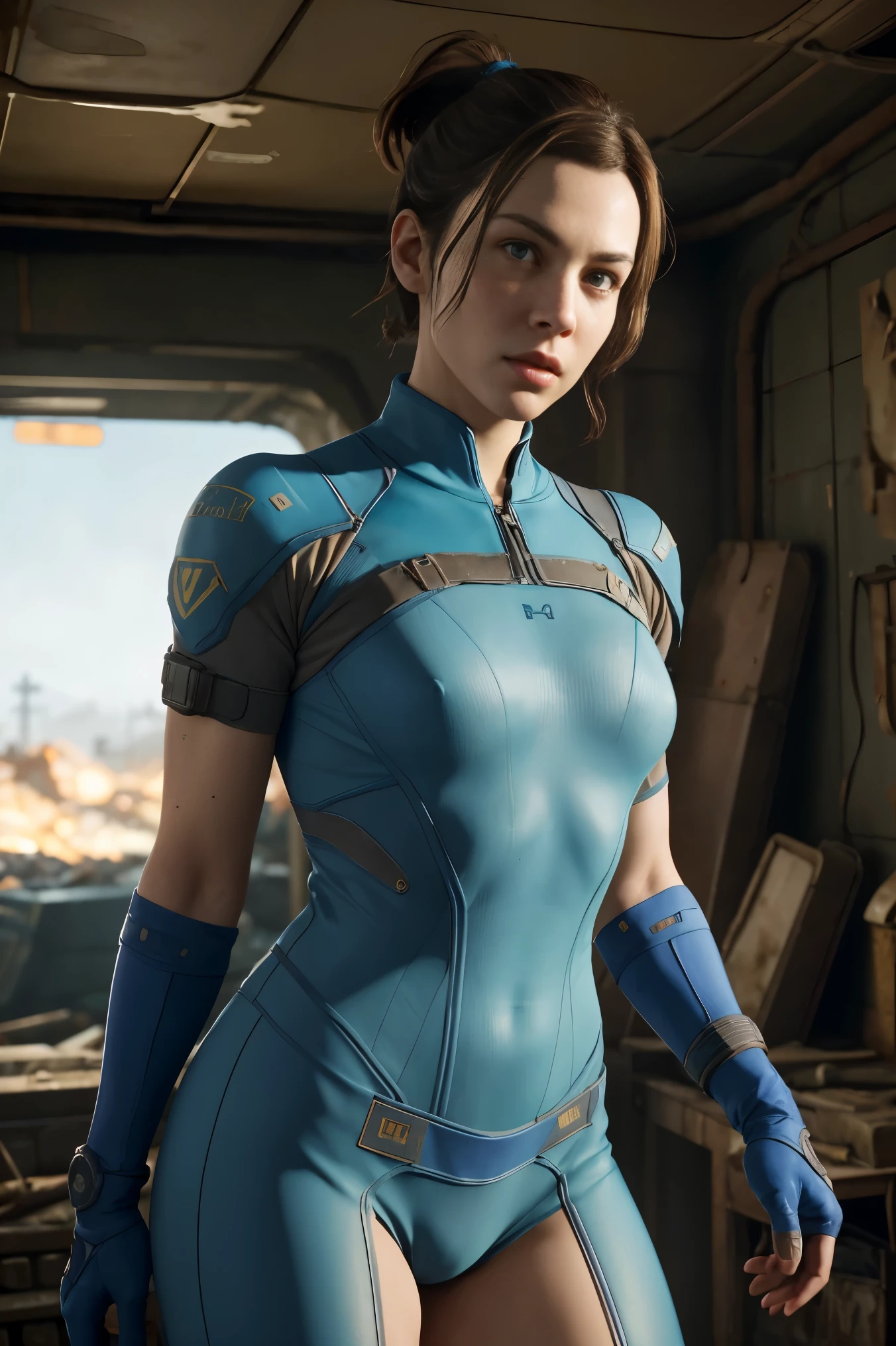 A cute and nerdy woman, (Milla Jovovich:Alison Brie:0.5), brunette hair tied in a ponytail, wearing an open high detail blue Fallout 4 vault suit, high detail face, high detail skin, seductive expression, perfect body, perfect proportions, an overgrown city long ruined by nuclear war in the background, high quality, masterpiece, realistic photo, intricately detailed, 8k, HDR, shallow depth of field, wide light, high contrast, backlight, sharp focus, RAW color photo, looking at the camera, cool colors, dynamic poses, in the style of Fallout 4, nude