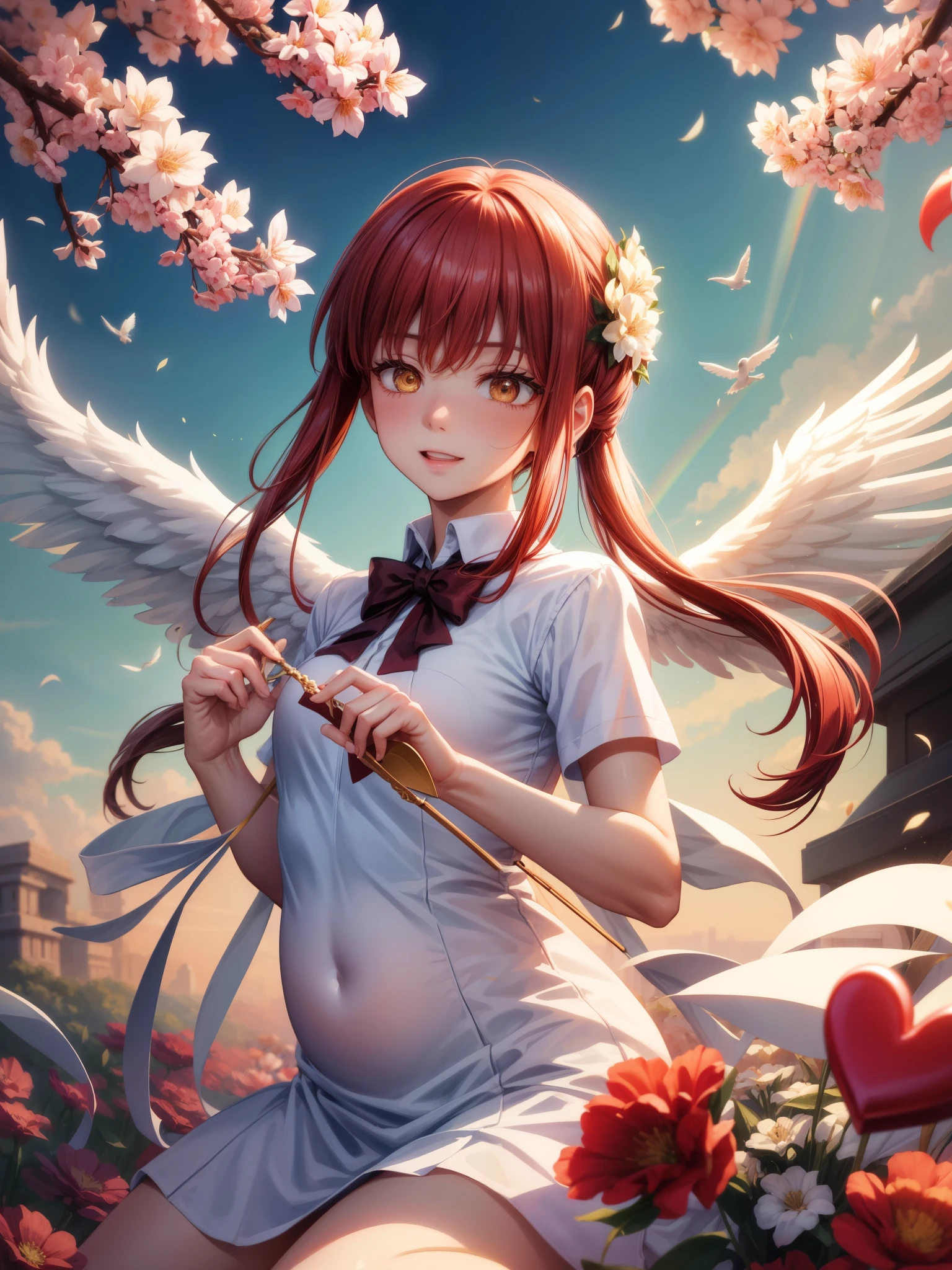 Love Preacher、Love is endless、Cupid of Love and Love、Greek mythology-style white clothing、A plump busty mature woman full of maternal love、Heart-shaped、Heart-shapedの瞳、Imagine a Cupid full of love、That is a very warm and gentle look。he、With shining golden wings、Surrounded by a rainbow aura。Cupid's eyes shine like stars、It has the power to bring love and happiness to everything you see.。
His bow and arrows、Not just a weapon、It symbolizes love.。For the arrow、true love、Kindness、sympathy、It is filled with emotions such as bonds.、Whoever it touches is enveloped in deep love.。When Cupid shoots his arrow、There's a sweet smell in the air、The hearts of those around me are cracking.、Smiles spread。
His smile is、As warm as the spring sunshine、people々Gently embrace the heart of。After Cupid passes by、Blossoming proudly、The little birds begin to chirp merrily.。Cupid of Love、Miracle of love々Spinning、その存在自体がpeople々It teaches us the importance of love.。
Cupid of love is full of such love、Bringing hope and happiness to all who see it、With that magical power、世界中のpeople々It connects。