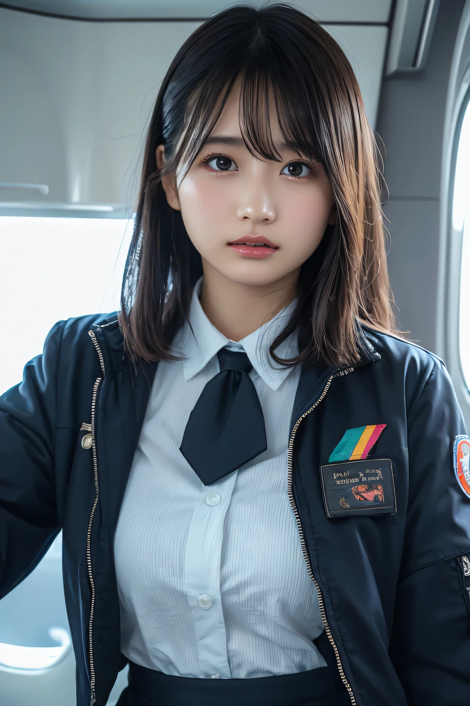 shiny skin, lips, super detailed skin, detailed beautiful face and eyes, spotlight, professional lighting, (upper body:0.8), stewardess, black skirt, jacket, short shirt, kooo123,