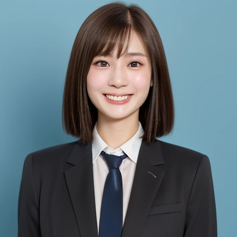 NSFW, (kawaii 24 year-old Japanese girl, Nogizaka idol, Korean idol), (glossy light brown hair, very short hair, bangs:1.3), (beautiful black eyes, rounded face, single eyelid, no makeup, splash laughing:1.3), (wearing suit jacket, collared shirt, necktie:1.3), (extra small breasts:0.9), BREAK, (simple blue background:1.3), (view from forward, bust shot, id photo:1.3), BREAK, (masterpiece, best quality, photo realistic, official art:1.4), (UHD, 8K quality wallpaper, high resolution, raw photo, golden ratio:1.3), (shiny skin), professional lighting, physically based rendering, award winning, (highly detailed skin, extremely detailed face and eyes), Carl Zeiss 85 mm F/1.4, depth of field, (1girl, solo:1.3),