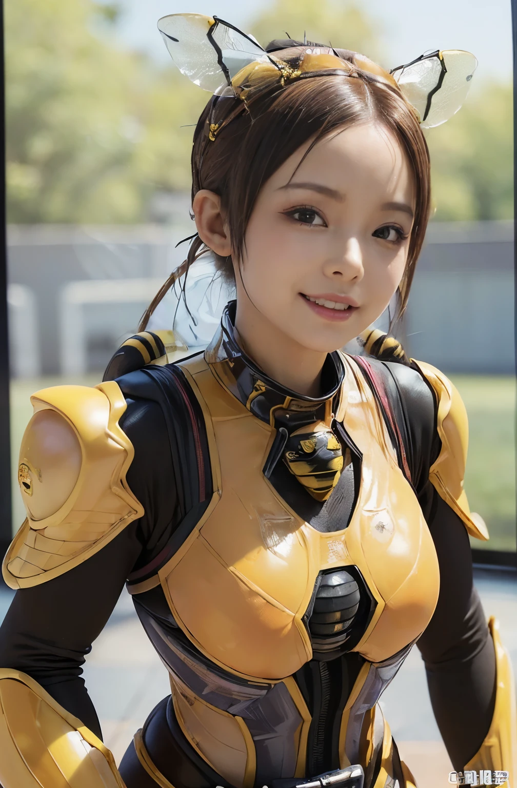 (high resolution,masterpiece,best quality,extremely detailed CG, anime, official art:1.4), realistic, photo, amazing fine details, all intricate, gloss and shiny,awesome many layers, 8k wall paper, 3d, sketch, kawaii, illustration,( solo:1.4), perfect female proportion,villainess, (fusion of queen bee and lady:1.4), (queen bee form lady:1.2), (queen bee lady:1.2), (fusion:1.2), (solo:1.4), (evil smile:1.2), muscular, abs, (queen bee exoskeleton bio insect suit:1.4), (queen bee exoskeleton bio insect armor:1.2), (brown transparency queen bee wing:1.4), (brown queen bee antennae:1.3), big breasts