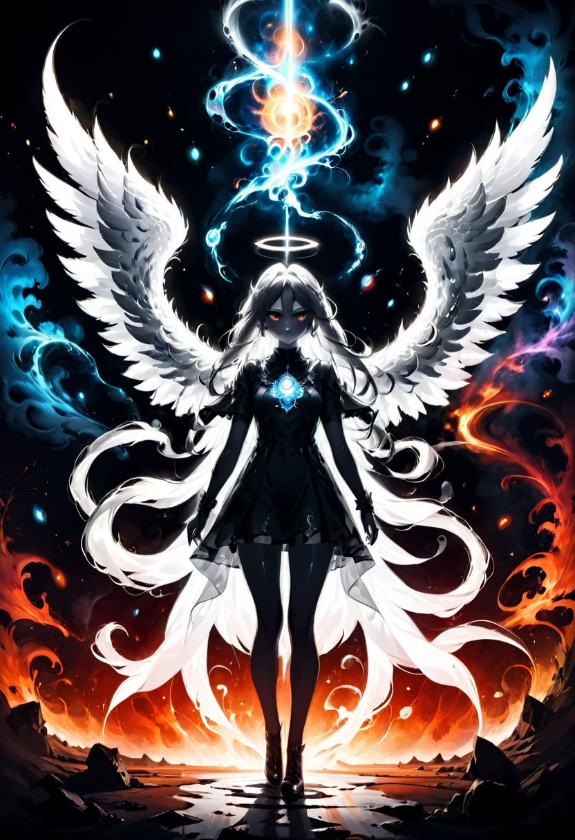 best quality, ultra-detailed, black and white, monochrome, contrasting shades, high contrast, grayscale, aesthetic, A full body photograph portrait of an angel and demon facing off; a cosmic divine angel on the left, a dark fiery devil on the right, mist intensity, gold and white cumulonimbus smoke intertwined with black and red cumulonimbus smoke, intense clouding, ink smoke, fantasy, Etheral, breathtaking intricate details, realistic and lifelike 3DHR perfect render, dramatic bright natural lighting, bokeh depth of field