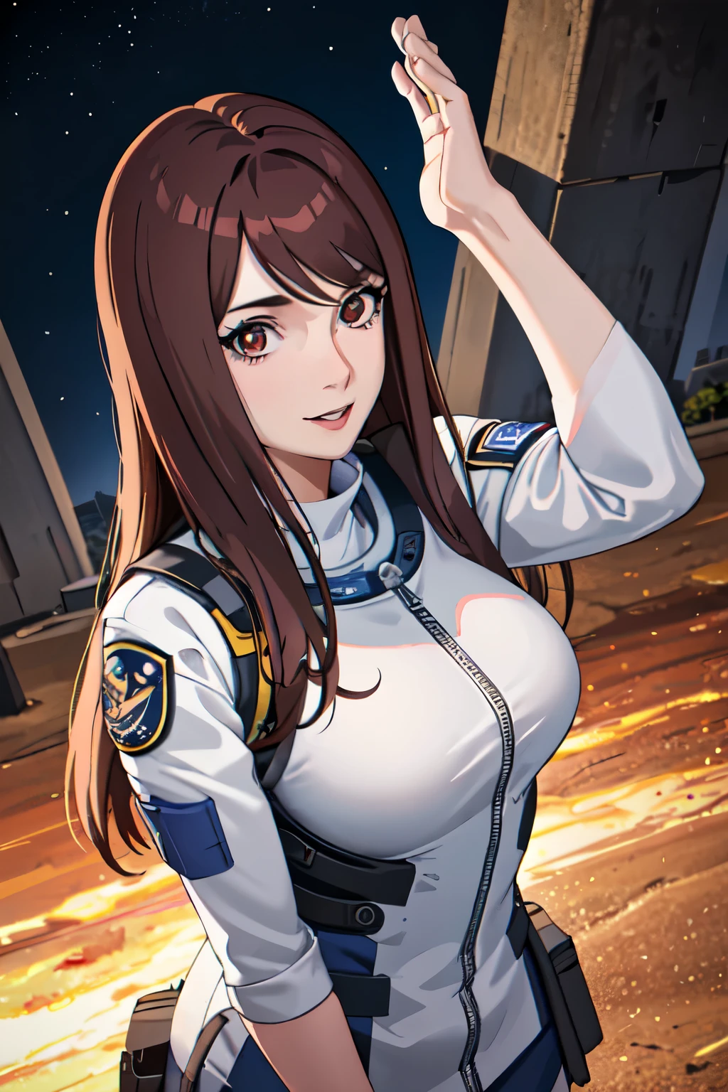 1 adult woman, 29 years old, straight hair, brown hair, red eyes,Looking at the viewer, astronaut uniform, standing in the park, big breasts,half body photo,smile