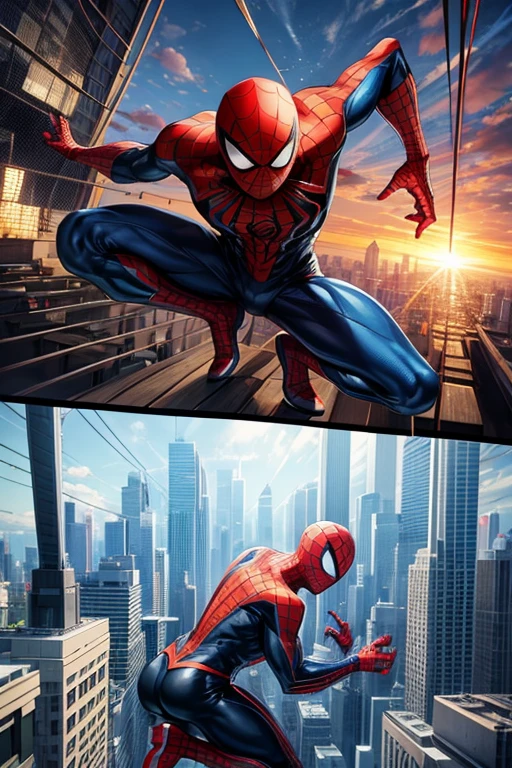 Anime Spider Man manga series depicted in a vibrant and creative irregularly tilted manga grid. Each grid contains an independent storyline, Start from the upper left corner，End at the lower right corner. Grids sometimes overlap or are placed diagonally to add visual tension. in some key plots, The character will jump out of the screen，Enhance the dynamics of the story. For example, The protagonist may jump from one grid to another while escaping, Or use his webs to swing around the city, Actions may extend beyond the bounds of the grid. The background and situation of each grid gradually changes according to the development of the story., From city chase to secret base infiltration, and eventually move towards. Distinctive overall style, Bright colors，Rich expressions and movements. Leave conversation blank，Fill it out later，Let the audience imagine what the conversation would be like