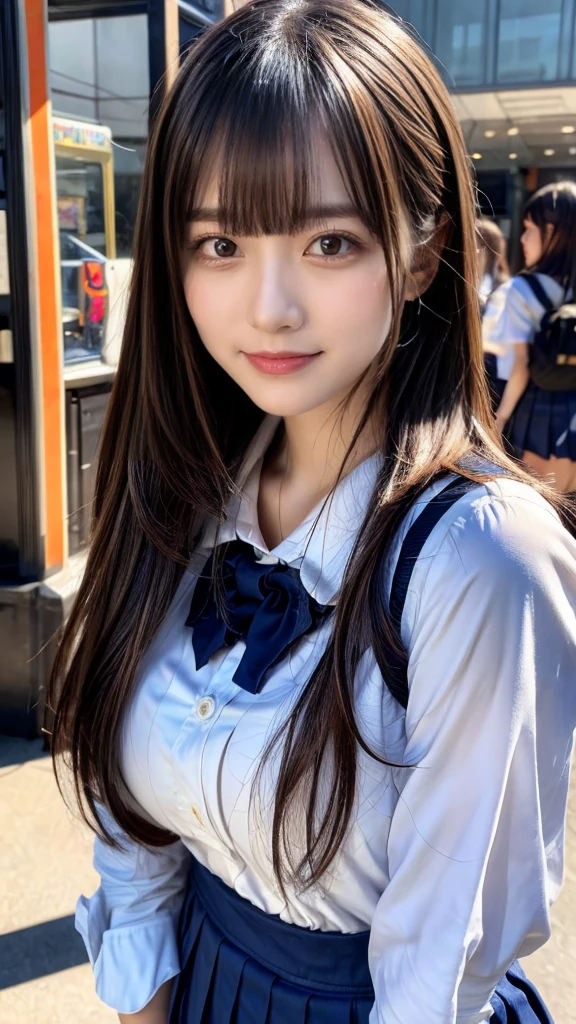 8k,best quality, masterpiece, ultra detailed, ultra high res, photorealistic, raw photo, absurdres, absolutely resolution, 1girl, solo,upper body, looking at viewer,a Japanese young pretty woman, Japanese idol, 18 year old girl ,hyper cute face, glamorous figure, large breasts , long bob hair ,smile,(school uniform:1.3), Smiling and having fun at the arcade, glossy lips, double eyelids in both eyes, natural makeup, long eyelashes, shiny smooth light brown long bob hair, asymmetrical bangs, shiny skin, central image, high resolution, high detailing, detailed hairstyle, detailed face, spectacular movie lighting, octane rendering, vibrant, hyper realistic, perfect limbs, perfect anatomy