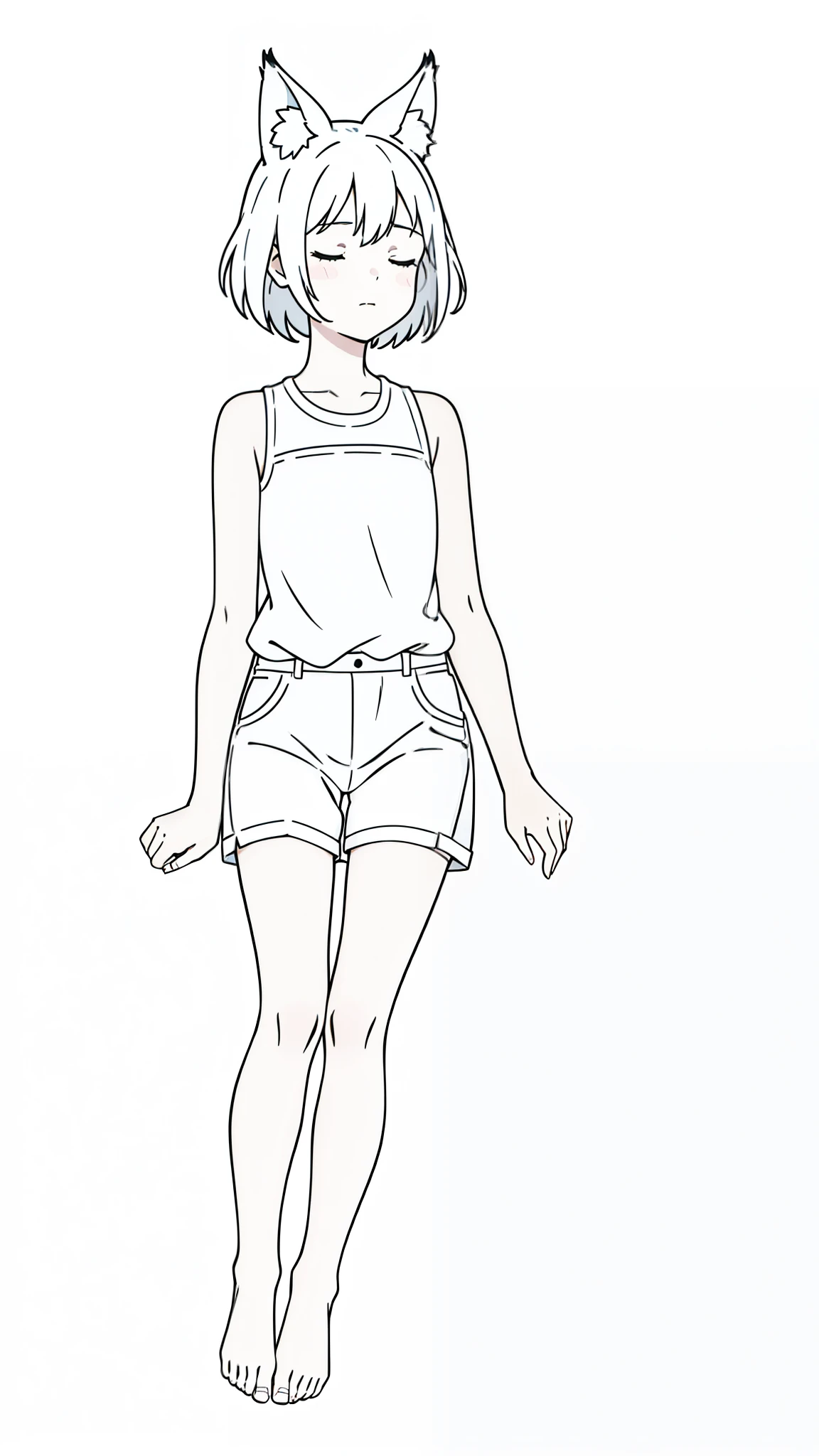 (1girl,8 years old,small),solo,white hair,short hair,fox ears,white shirt,sleeveless,white shorts,(white background,line drawing),closed eyes,,full body,separated lips,looking up,floating,bare foot,separated lips,sleeping