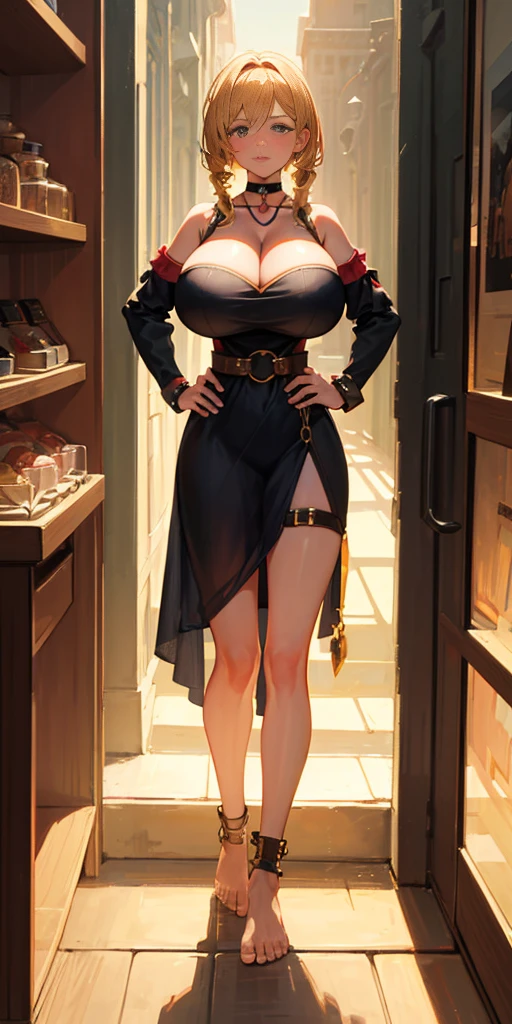 full body, barefoot, solo, female, big breast ,linen tunic, fantasy village, armor, handcuffs on their hands with a collar around the neck, hands on hips, slave ((black choker, shackles on legs and arms))