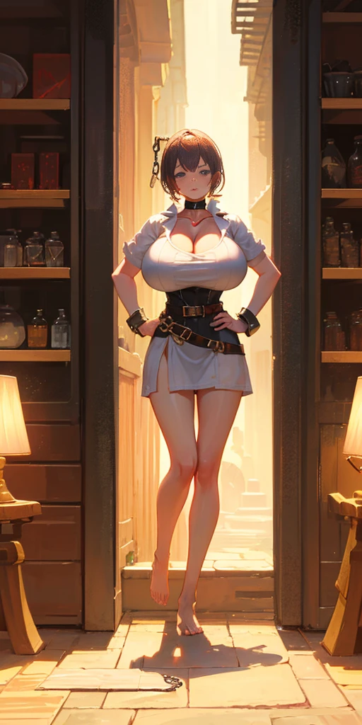 full body, barefoot, solo, female, big breast ,linen tunic, fantasy village, armor, handcuffs on their hands with a collar around the neck, hands on hips, slave ((black choker, shackles on legs and arms))