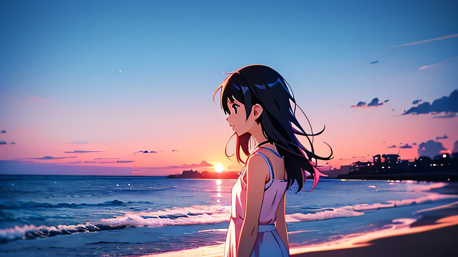 The beach in the evening. Pink sky.
A girl with black hair is staring at the sea in the distance.
She is listening to music on headphones.
Profile. Upper body. In style of Makoto Shinkai. Anime movie stills, Digital Rendering