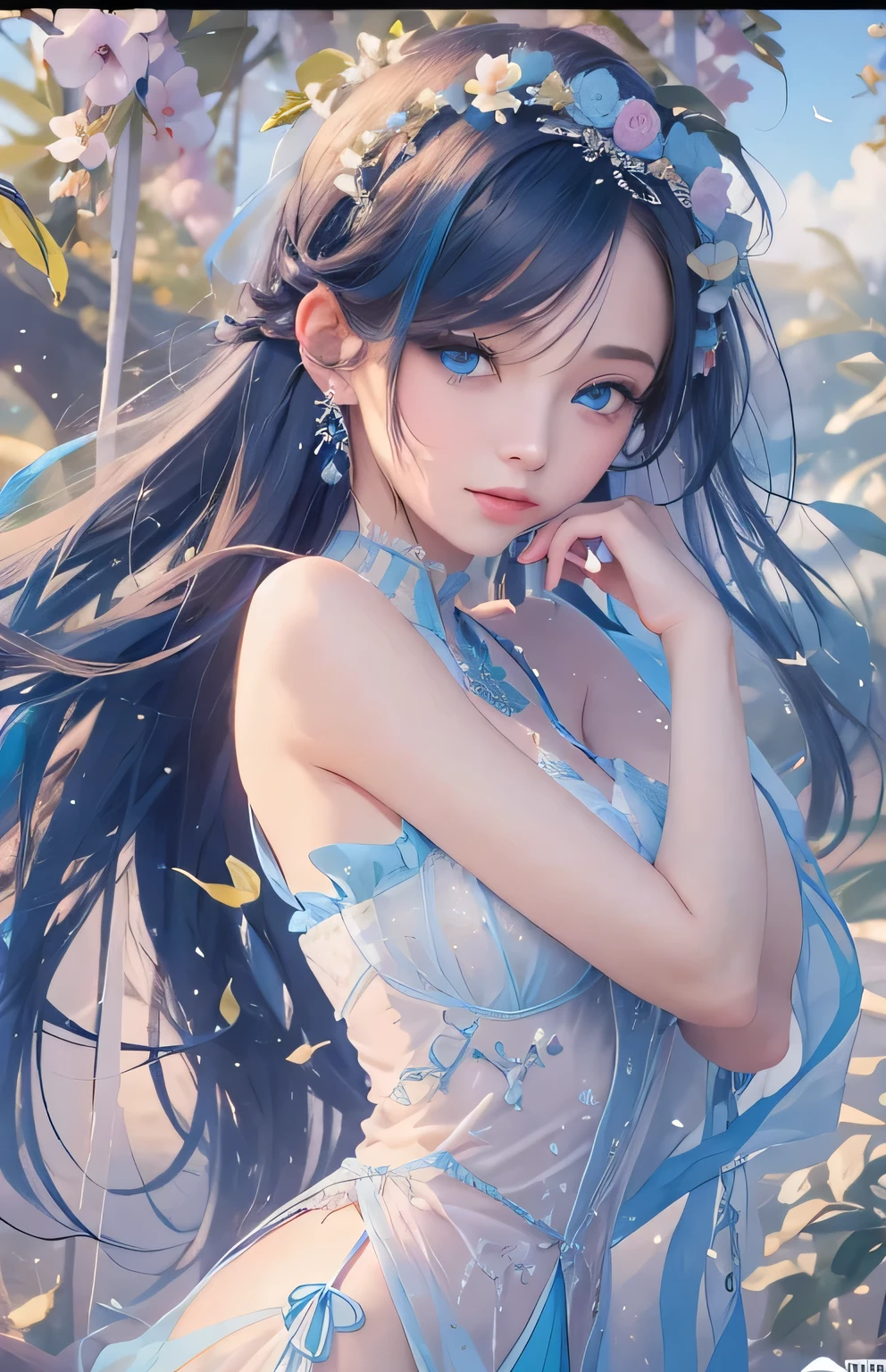 ((highest quality)), ((masterpiece)), (Get used to it), Perfect Face , Adult female , Ariel , Long and beautiful black hair , Beautiful light blue eyes , in the beautiful sea ,