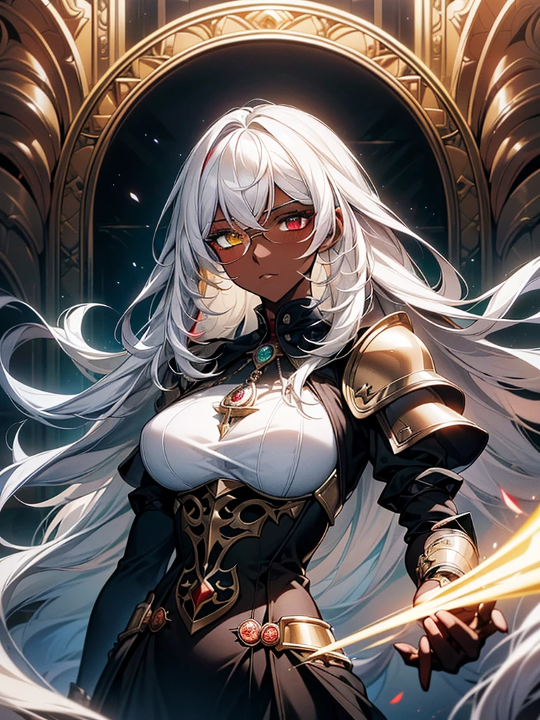 (masterpiece, best quality), (Official art, masterpiece, 8k, HD, ultra-detailed), ultra-detailed, portrait of a beautiful 32 year old woman, ((dark skin)), white hair, red and yellow eyes, with round glasses, wearing light black jumpsuit, with light armor, wearing a magic watch amulet around her neck, large, ultra-detailed breasts, (ultra-detailed face), (1 dark-skinned woman), long, white hair, ((((Heterochromia in eyes, ultra-detailed red eyes and detailed yellow eyes)))), (very detailed eyes: 1,2), (((ultra-detailed red and yellow eyes))), heterochromia with very well-detailed red and yellow eyes, ((wearing very detailed round glasses)), witch items, ((wearing magic watch amulet)), belts, ((black jumpsuit with light armor)), ultra detailed character, photo of the character up to the waist, wallpaper, pinterest, Fantasy Art, (Fantasy art), fantasy scene, exterior, ((medieval village)), wallpaper, pinterest, front photo, exterior, cinematic photo, natural light, portrait photo, wallpaper wall, pinterest, badass image, perfect photo, volumetric lighting