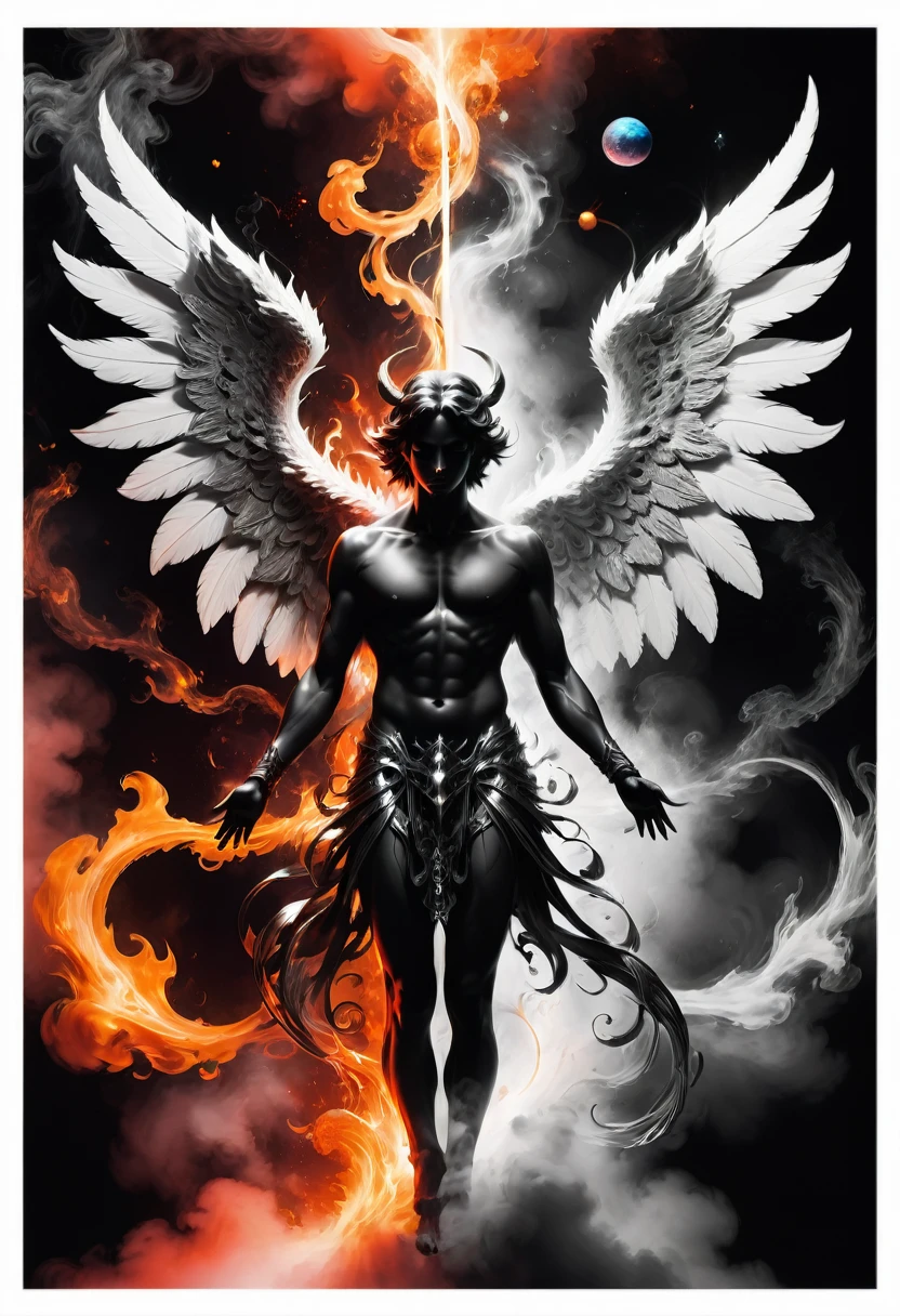 best quality, ultra-detailed, black and white, monochrome, contrasting shades, high contrast, grayscale, aesthetic, A full body photograph portrait of an angel and demon facing off; a cosmic divine angel on the left, a dark fiery devil on the right, mist intensity, gold and white cumulonimbus smoke intertwined with black and red cumulonimbus smoke, intense clouding, ink smoke, fantasy, Etheral, breathtaking intricate details, realistic and lifelike 3DHR perfect render, dramatic bright natural lighting, bokeh depth of field