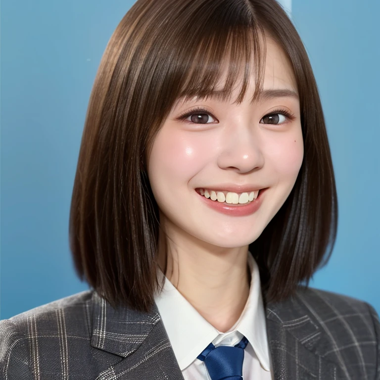 NSFW, (kawaii 24 year-old Japanese girl, Nogizaka idol, Korean idol), (glossy light brown hair, very short hair, bangs:1.3), (beautiful black eyes, rounded face, single eyelid, no makeup, splash laughing:1.3), (wearing suit jacket, collared shirt, necktie:1.3), (extra small breasts:0.9), BREAK, (simple blue background:1.3), (view from forward, bust shot,  id photo:1.3), BREAK, (masterpiece, best quality, photo realistic, official art:1.4), (UHD, 8K quality wallpaper, high resolution, raw photo, golden ratio:1.3), (shiny skin), professional lighting, physically based rendering, award winning, (highly detailed skin, extremely detailed face and eyes), Carl Zeiss 85 mm F/1.4, depth of field, (1girl, solo:1.3),