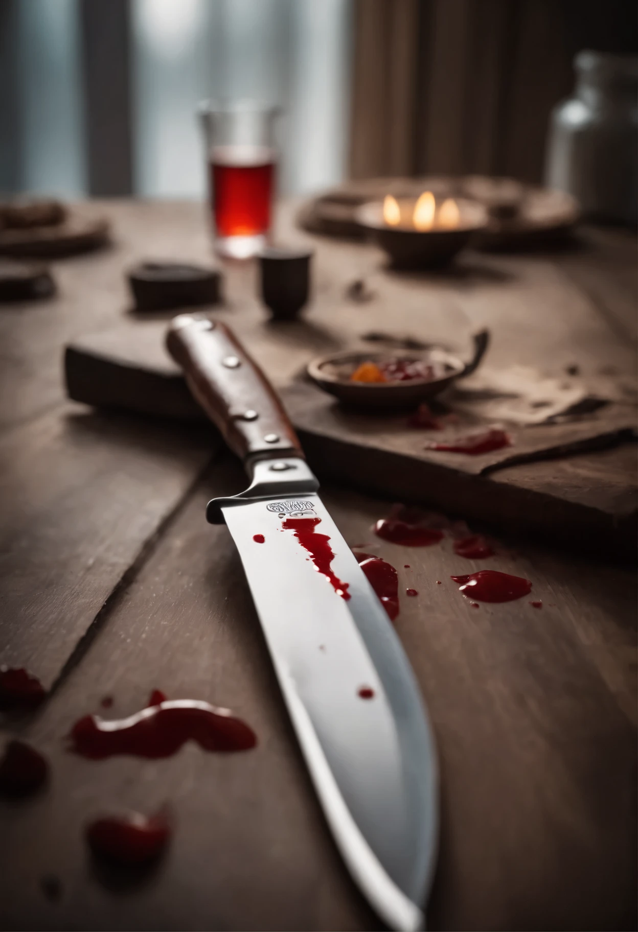 (raw photo, best quality) , (Realistic, photo-realistic: 1.4), extremely formidable overall plan, masterpiece, ultra-detailed, high resolution, best illustration, best shadow, complex, depth of field, horror, scary, workshop with a table in bloody wood (blood), there are several bloody torture instruments laid on the wooden table (saws, scalpels, knives)(blood), there are bloodied cut human limbs (arms, legs) that are attached to hooks, they are attached to the ceiling and they hang around the table, The atmosphere is unhealthy and horrifying, scary, dark, 8k style photorealist, DSLR, high quality, (film grain: 1.4), Fujifilm XT3,