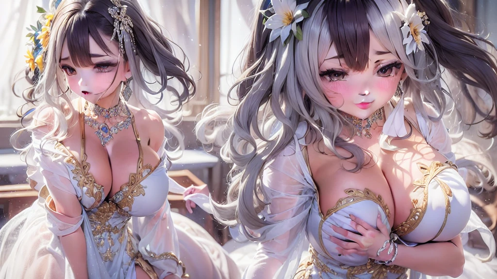 0 year old mature woman, Looking at the audience, Attractive breasts,Sensual curves、bubble、Full Body Shot,Nightgown, Charming smile, Thick lips, plump唇, blush, Looking at the audience, Provocative expression, Beautiful Hairstyles, Cleavage, plump、Curvy Hips、Attractive face、Mischievous face、Sexy Lingerie、An inviting gaze、Expressing emotions、colored feather, Money属装飾品, particle, Light, (masterpiece, highest quality, highest quality, Official Art, beautifully、aesthetic:1.2), (1 girl:1.3), Very detailed,(Fractal Art:1.1),(colorful:1.1)(flowerズ:1.3),Most detailed, (Dynamic pose), (Shiny skin), (Many colors :1.4), ,(Earrings:1.4), (feather:1.4),masterpiece, 30~40 years, Mr.々Hair style,Moneyのヘッドバンド,Tulle covers the chest,Perfect balance, Detailed details of the garment,marble,cinematicLighting, Film Grain, contrast of Light and dark,High detail,(((Gorgeous Accessories))))、Openwork decoration,(((See-through dress)))、(((Anatomically correct body))) ,1 girl, (High resolution), (8k), (Very detailed), Perfect Face, Beautiful eyes and face, (((highest quality))), (Very detailed), Detailed face and eyes, Beautiful Eyes,(((Sexy pose,Beautiful Eyes、Transparent double eyelids、(((Super gorgeous background)))、Bright Eyes,Money,diamond,gem,Body Chain,Luxury Accessories,beautifully、aesthetic,flower、