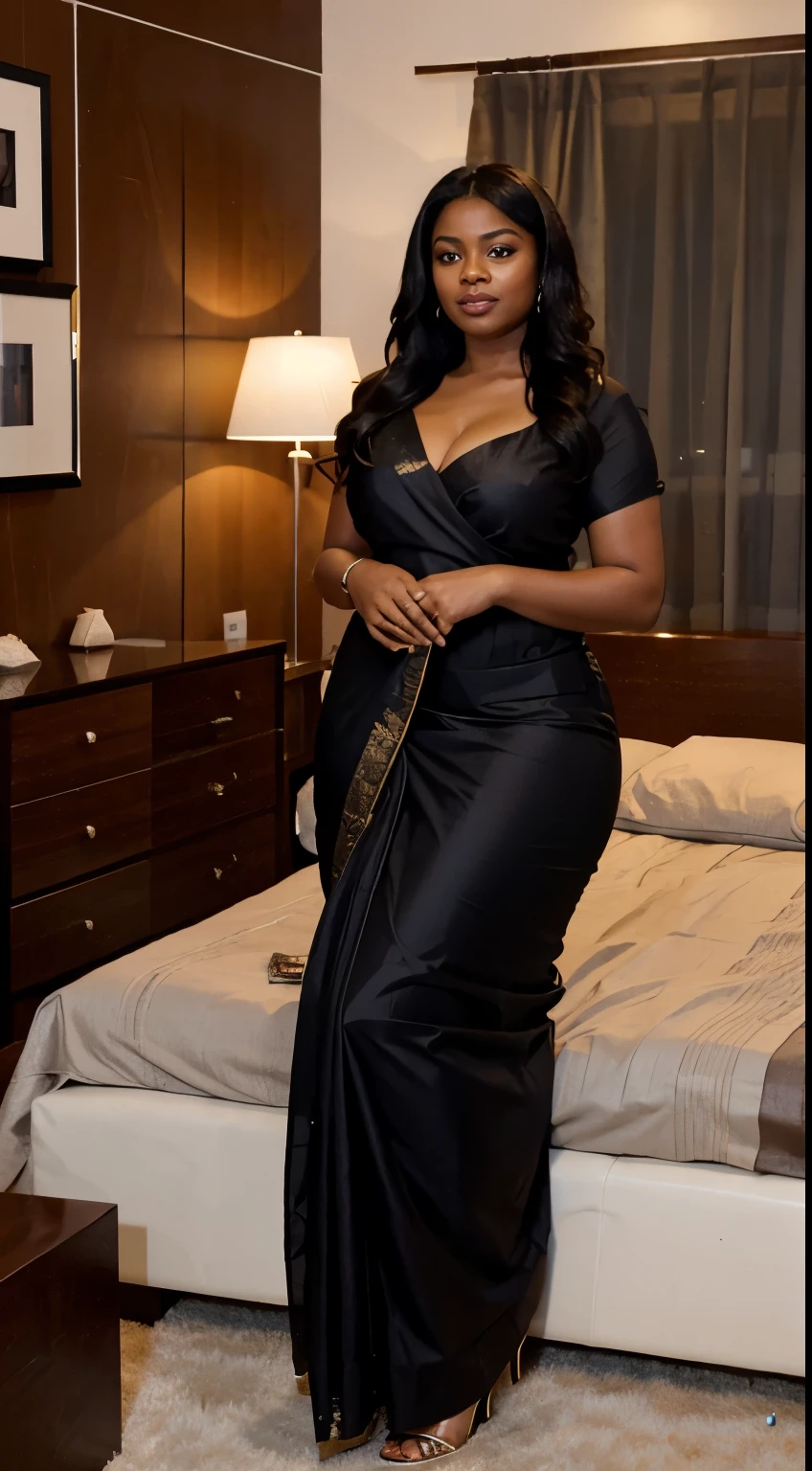 nigerian black skin chubby sexy 30 years old busty youthful aunty in indian sexy saree showing her full body structure in her bedroom nude