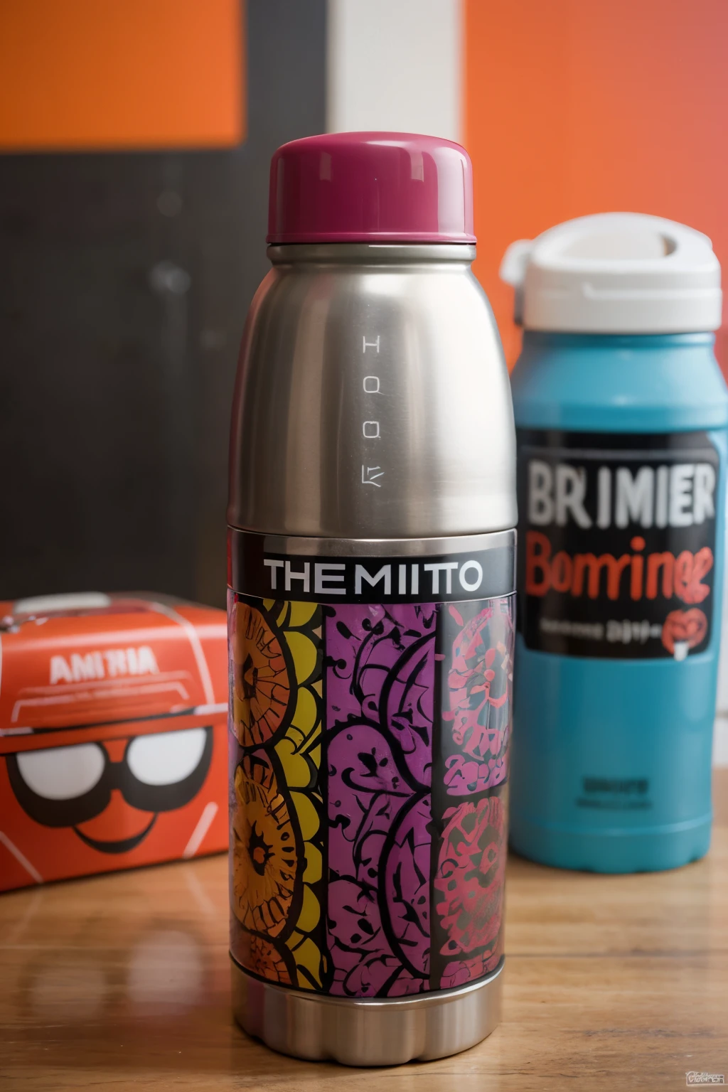 colorful thermos water bottle advertisement with Romero Brito style background 