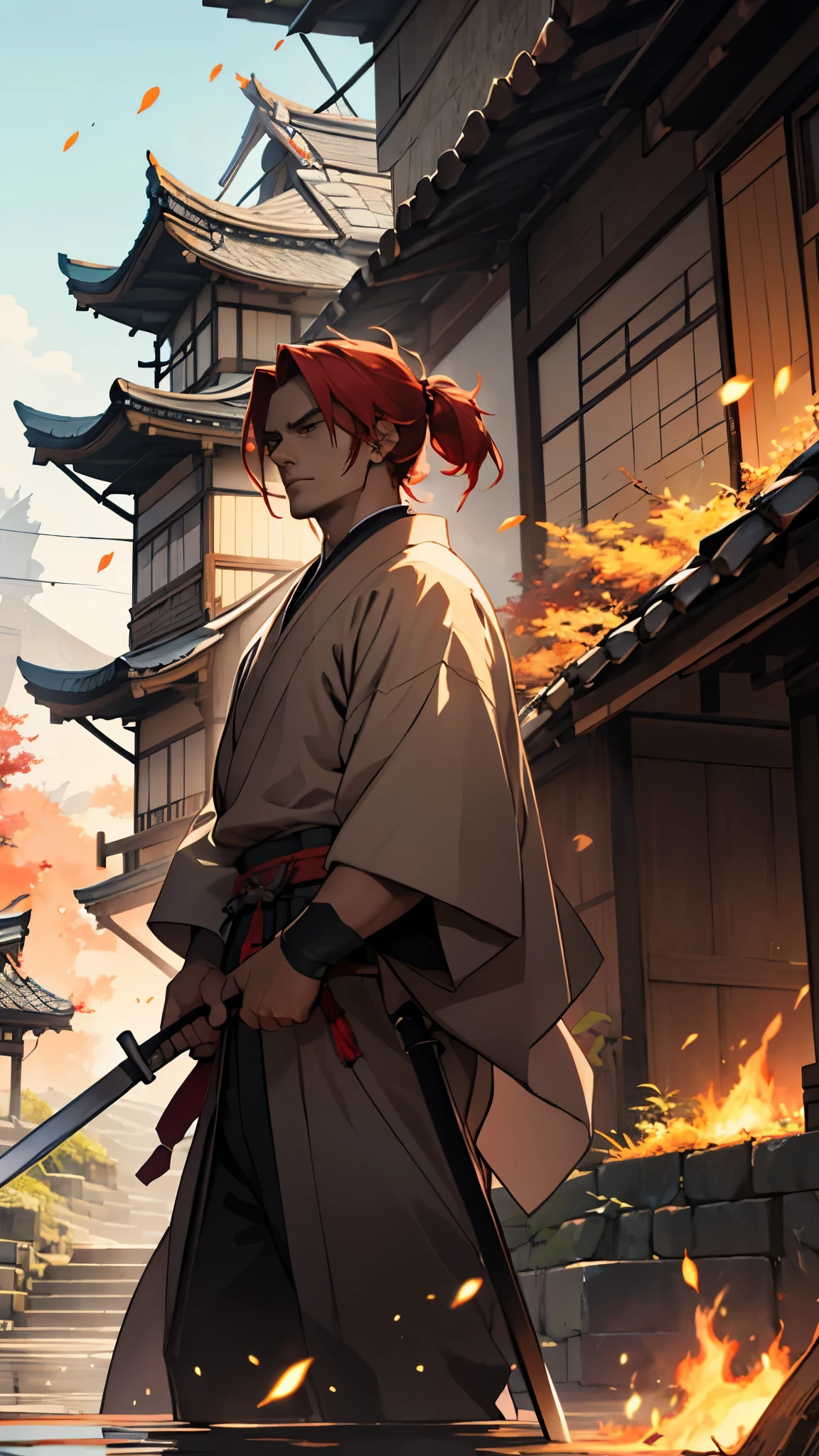Here are the prompts to bring this anime-style image to life:：

---

"Create a realistic live-action version of a samurai with red hair in a traditional setting. The character should have a determined expression, holding a longer katana. The background should feature a Japanese village with rooftops, some of which are on fire, with leaves or embers floating in the air. The lighting should be dramatic, capturing the intensity of the scene."

--- This will、While bringing anime-style elements to life、You can make the sword longer。