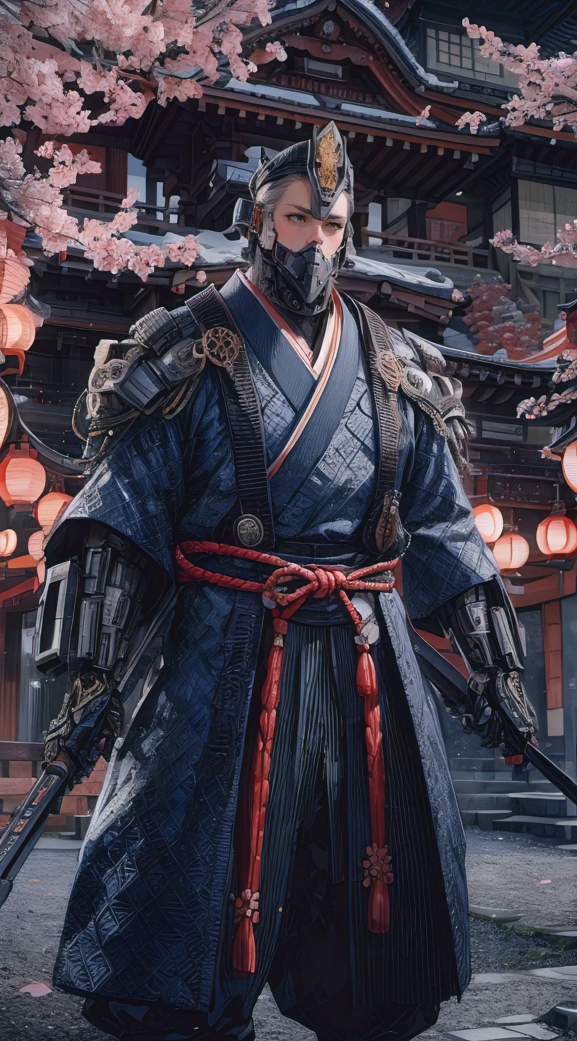 A striking, high-quality photograph of a mechanical warrior dressed in an intricately detailed kimono. His face is a blend of human features and industrial machinery, showcasing distinct Japanese male characteristics. The warrior stands strong in a grandiose castle, reminiscent of the Edo period. The background is adorned with beautiful cherry blossoms and carefully arranged lanterns, casting a soft, warm light. The overall atmosphere is a blend of futuristic technology and traditional Japanese culture.
