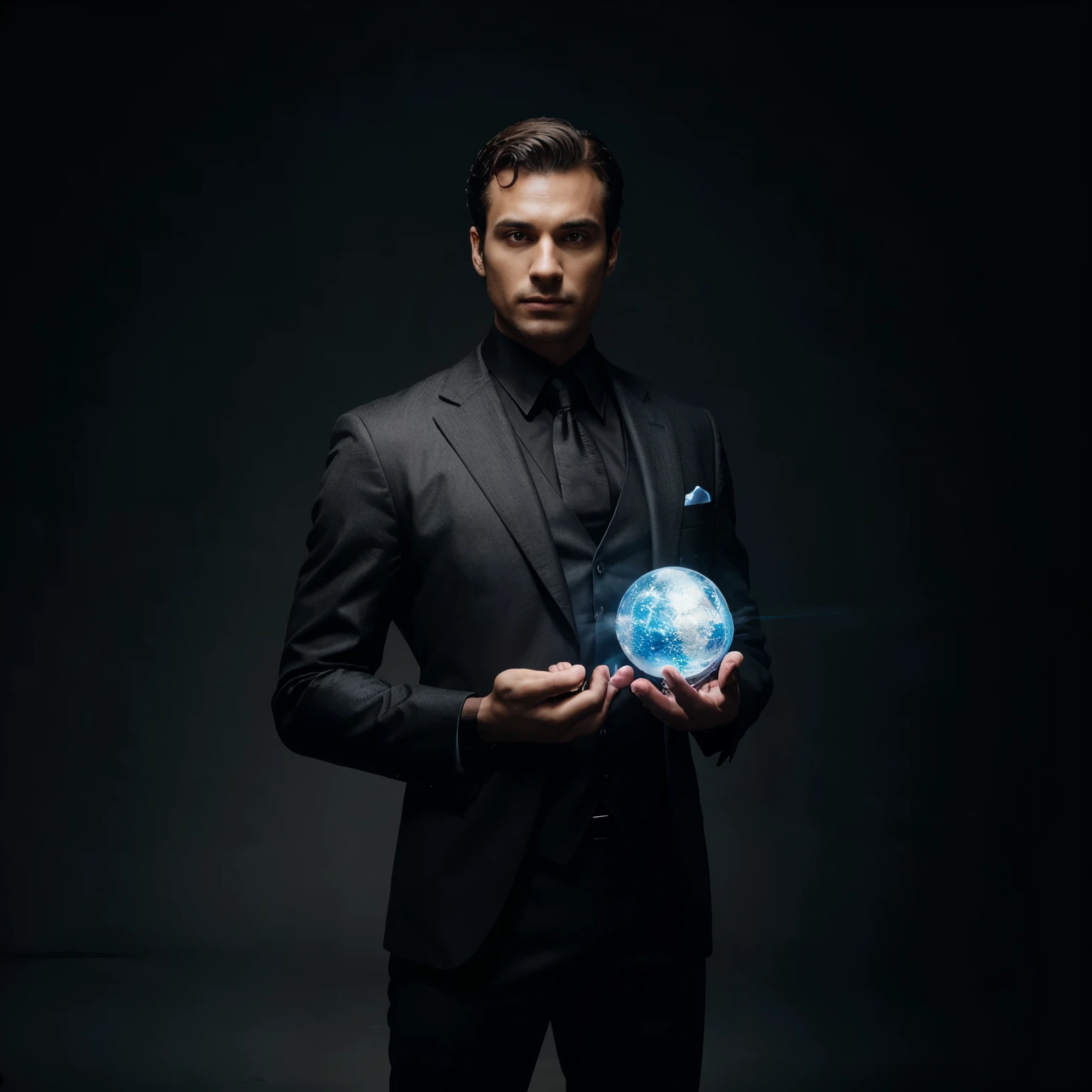 I created a man in a black suit with a super brain in his hand, a black and well-detailed scenery