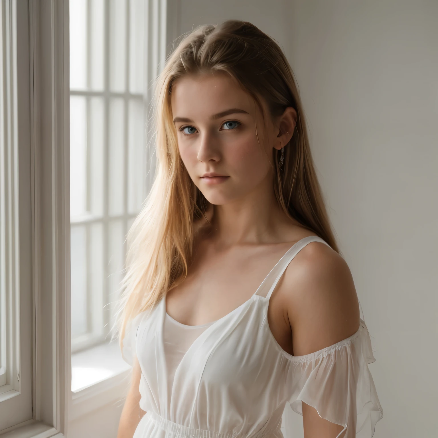 Muscular Irish , sheer white dress, soft lighting, portrait